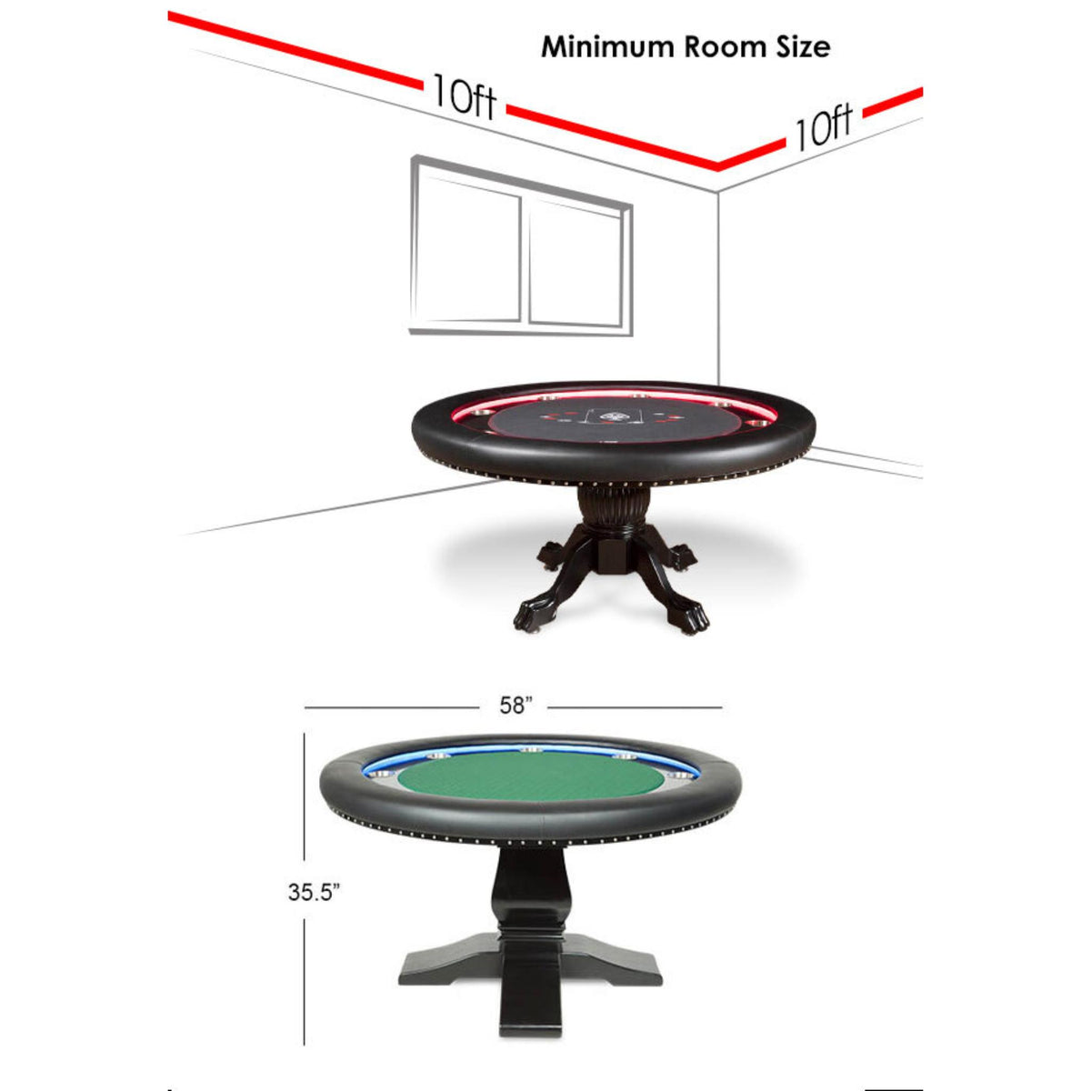 BBO Poker Tables Ginza round LED Texas Hold’em poker table with green velvet surface and modern design.