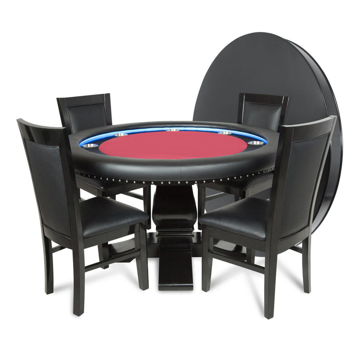 BBO Poker Tables Ginza modern round LED Texas Hold’em poker table with green velveteen surface and built-in chip racks.