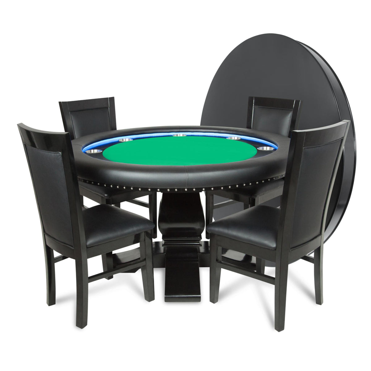 BBO Poker Tables Ginza modern round LED Texas Hold’em poker table with green velveteen surface and built-in chip trays.