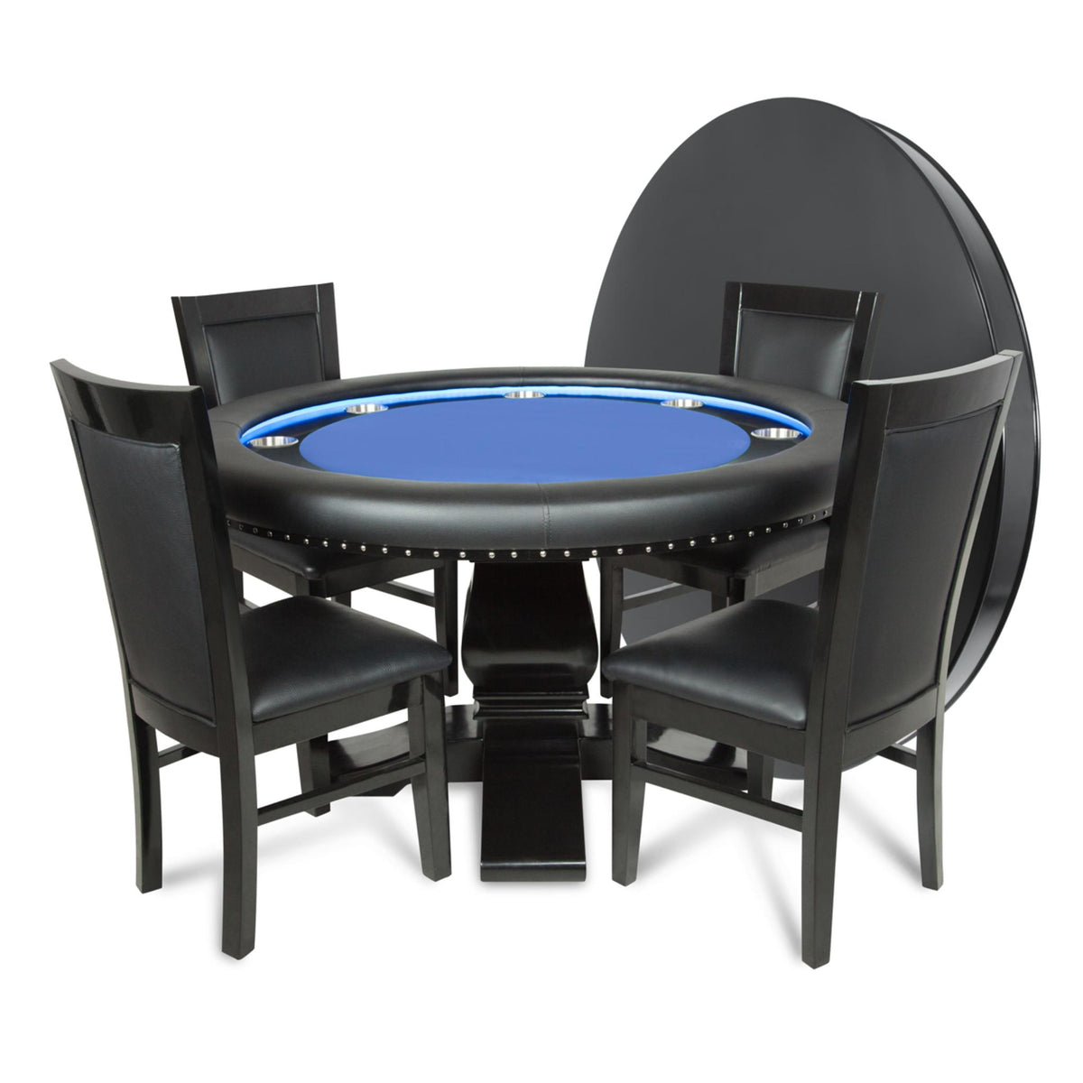 Green velveteen BBO Poker Tables Ginza modern round LED Texas Hold’em poker table with built-in lighting and sleek design.