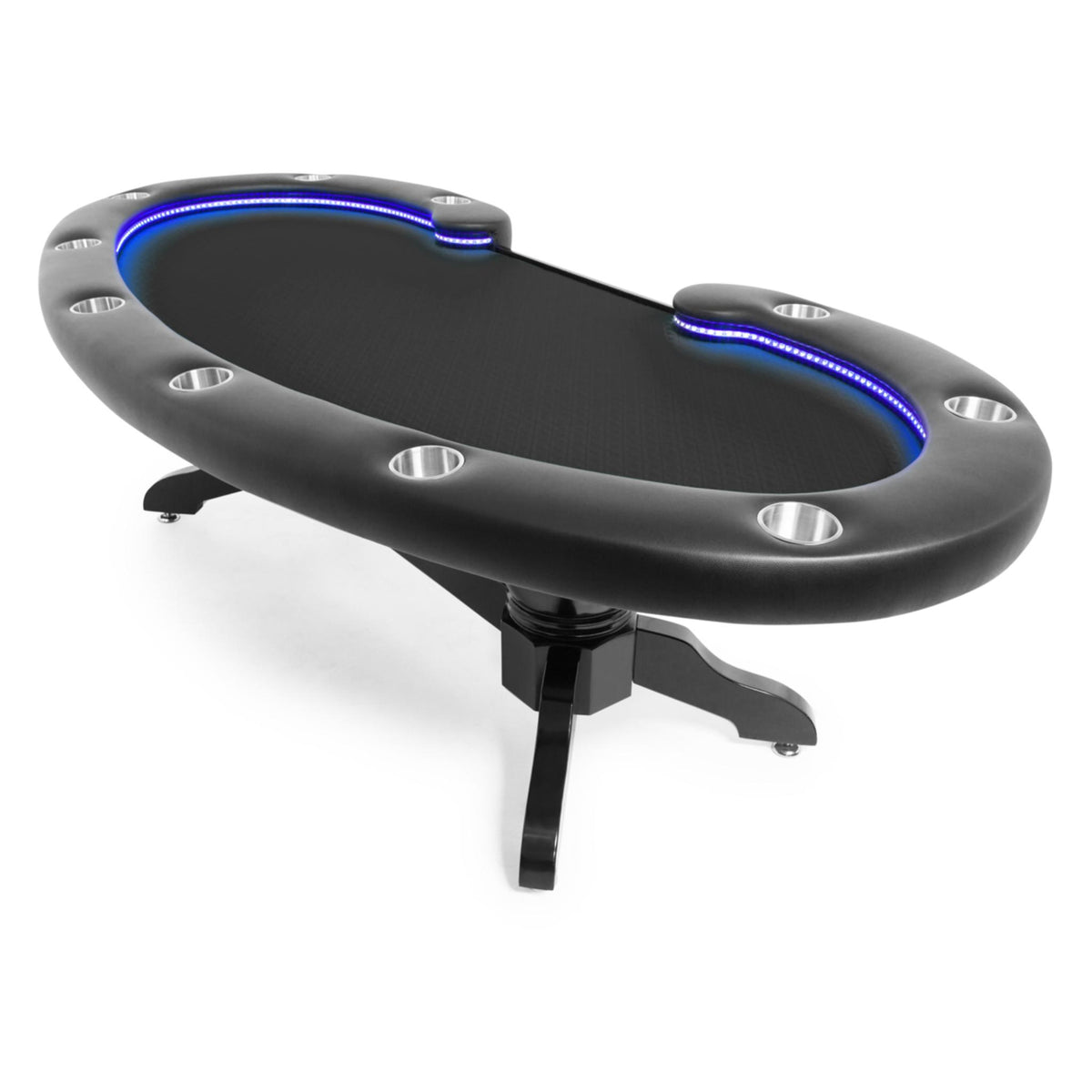 BBO Poker Tables Lumen HD premium LED Texas Hold’em poker table with green velveteen surface and illuminated edges.