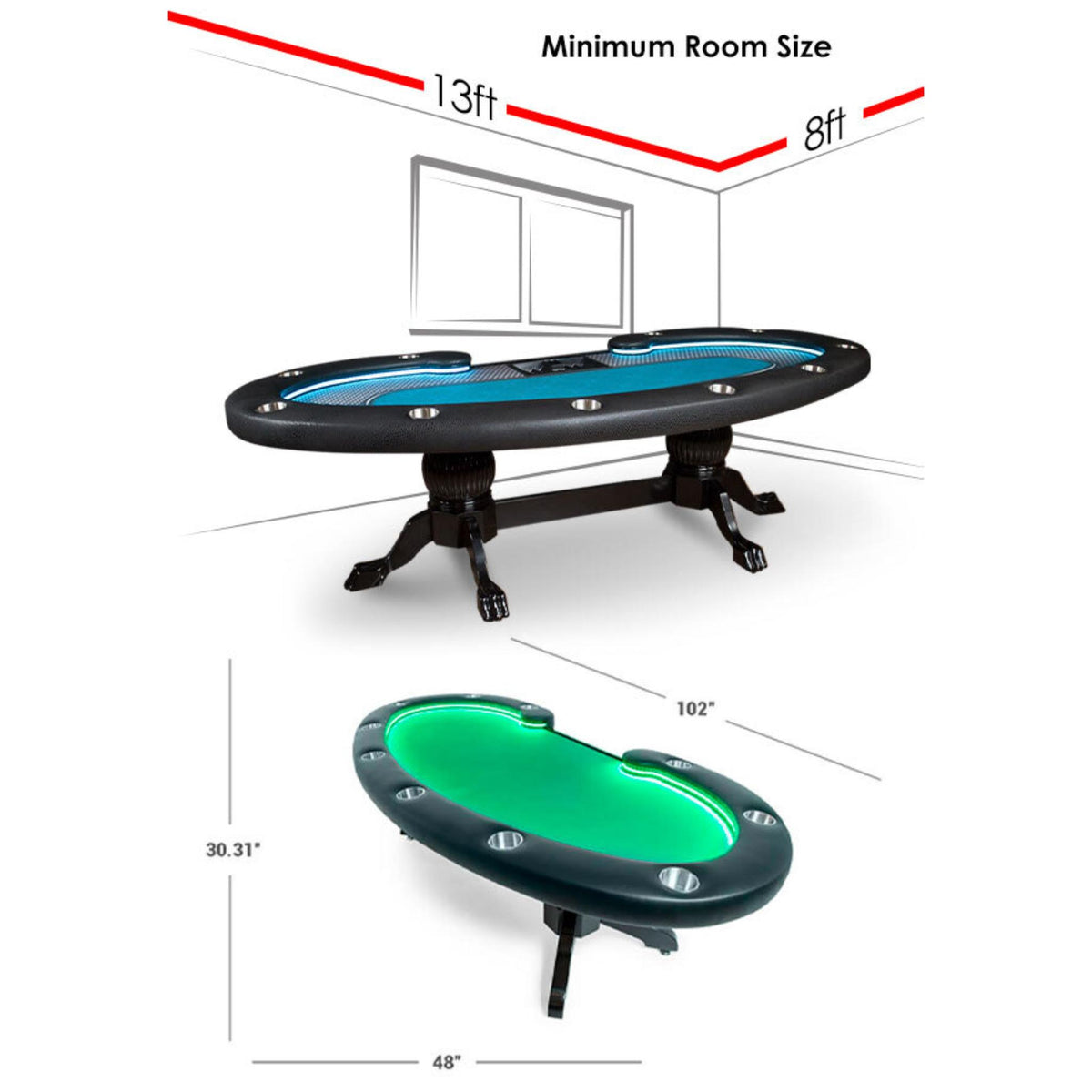 BBO Poker Tables Lumen HD LED Texas Hold’em poker table with green velveteen surface and built-in illuminated edges.
