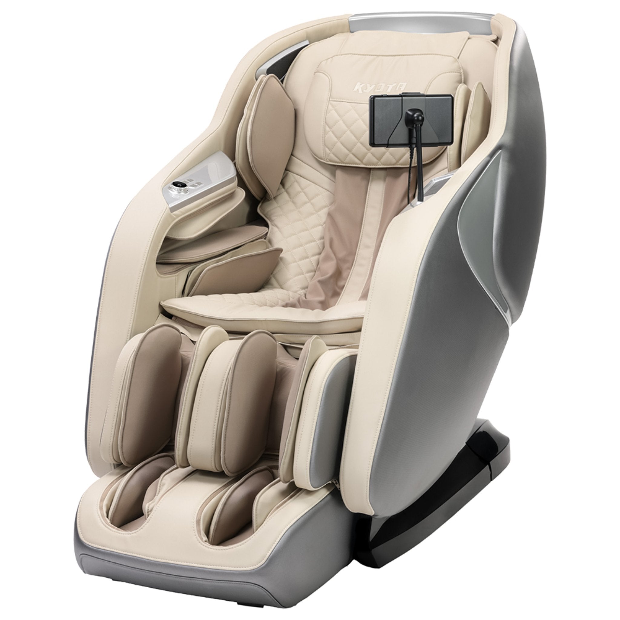 Kyota Joubu M880 massage chair with full body 4D zero gravity design and padded armrests in a modern living room setting.