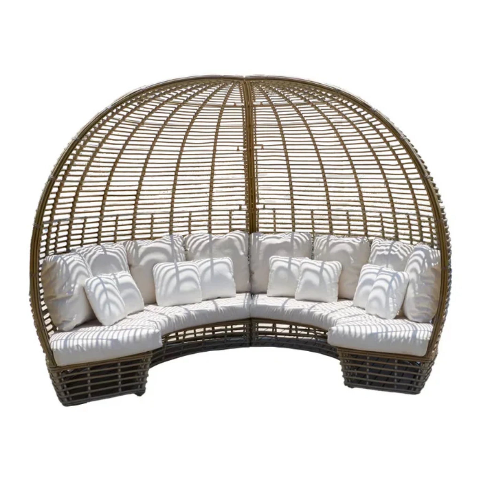 Skyline Design Nexus outdoor daybed with woven fiber in mushroom finish, includes matching table, perfect for lounging in patio space