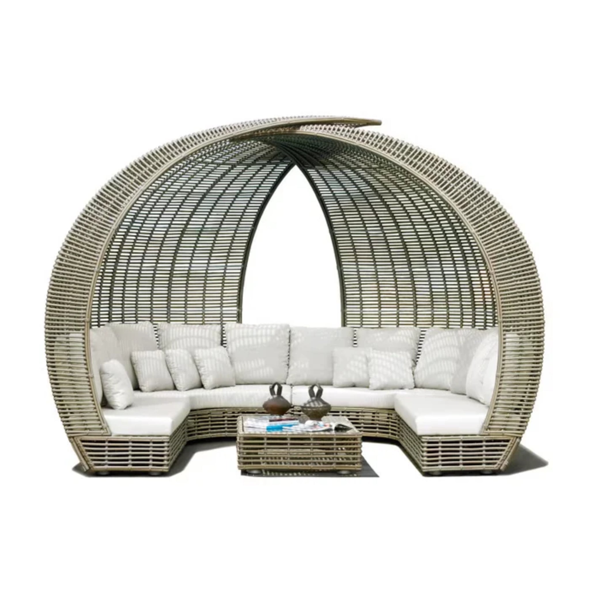 Skyline Design Sparta outdoor daybed with woven fiber in mushroom finish, featuring plush cushions and a stylish patio lounging area.