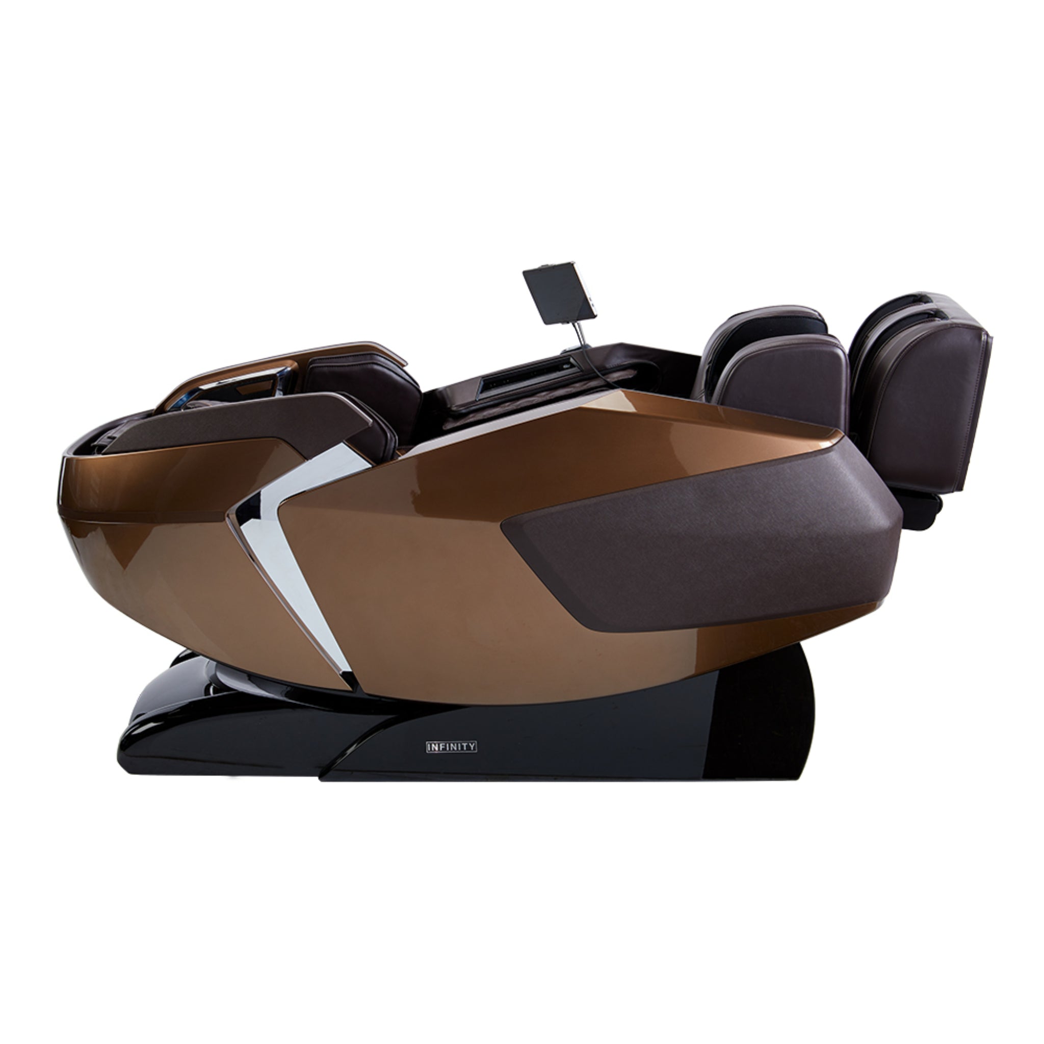 Infinity Imperial Syner-D massage chair with luxurious black leather, 4D zero gravity design, and full body massage features.