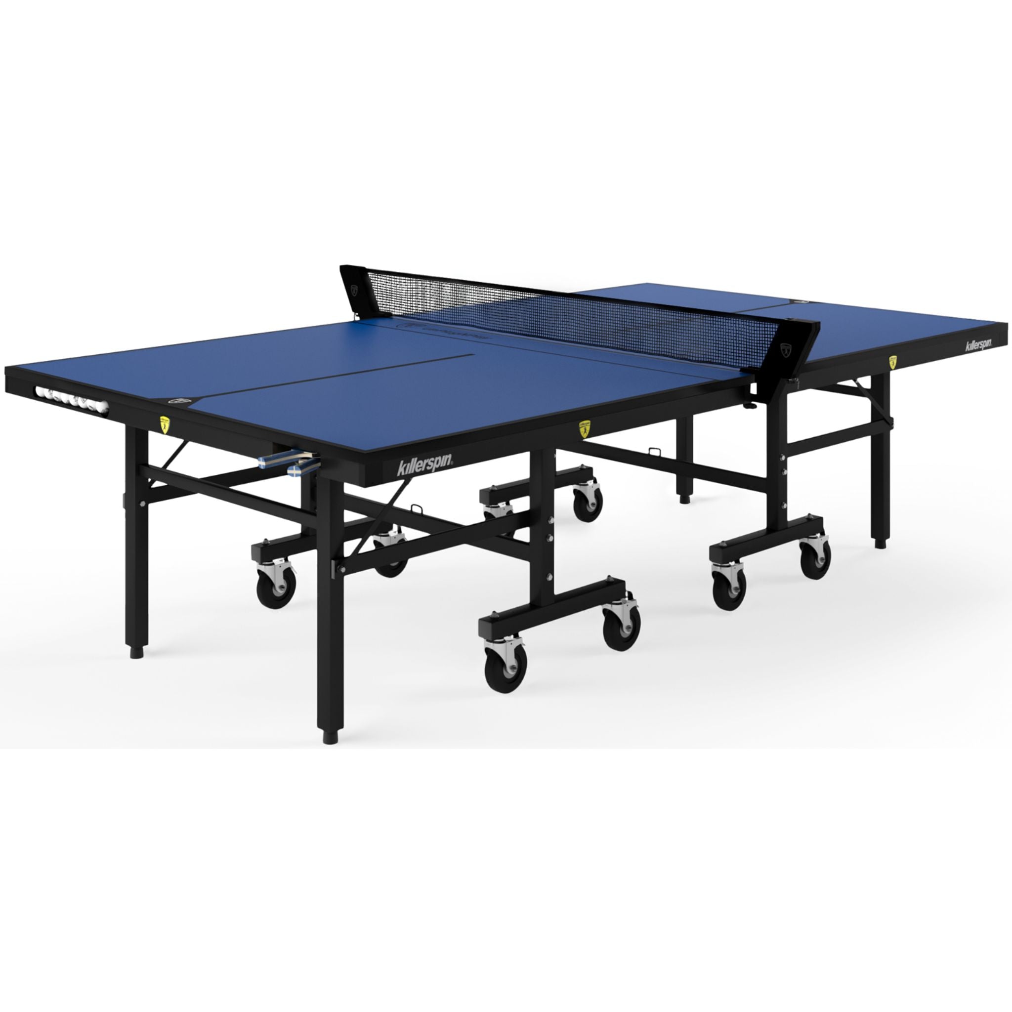 Killerspin MyT 415X Max DeepBlu indoor ping pong table with blue playing surface and sturdy white net for competitive table tennis.
