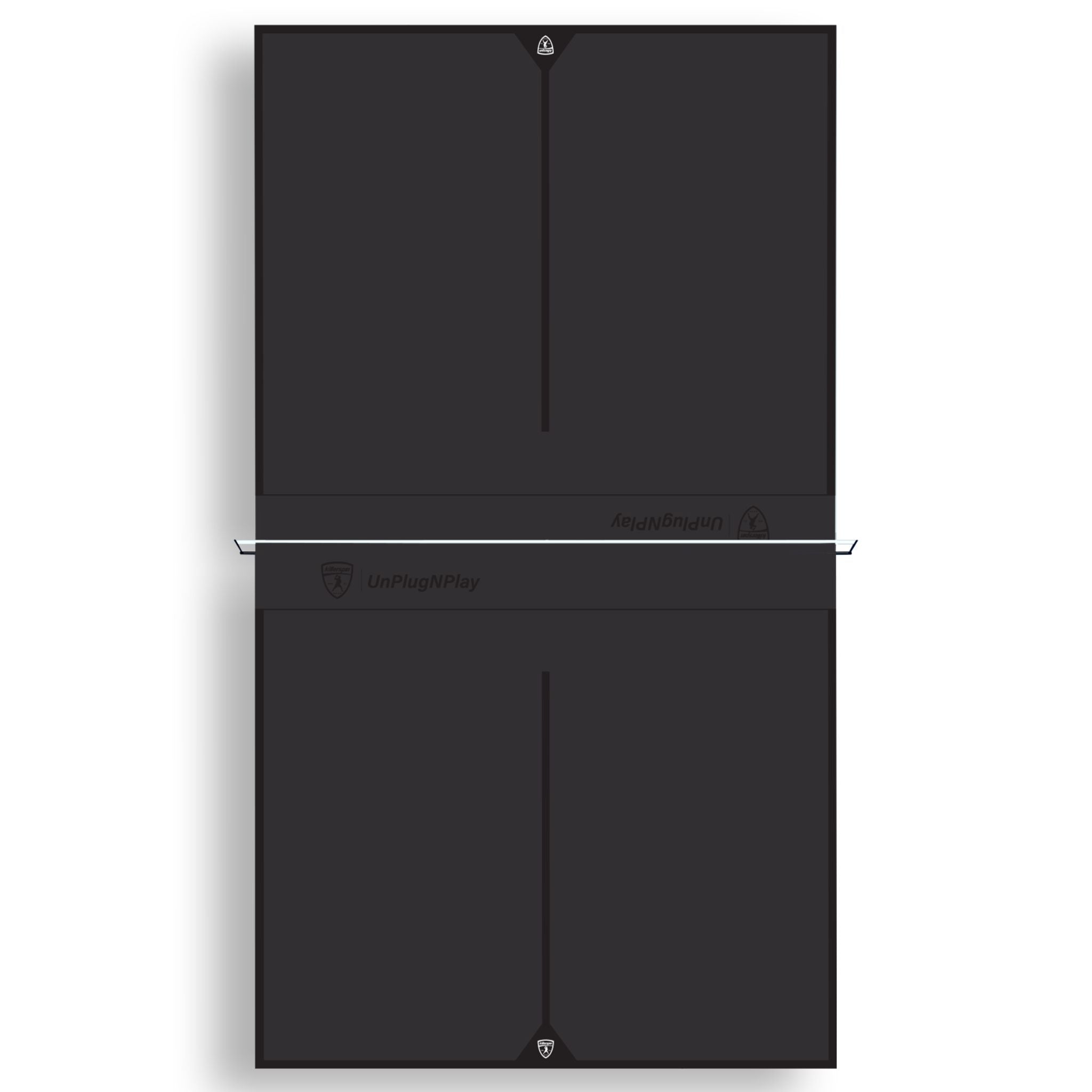 Killerspin MyT 415X Max indoor ping pong table in sleek jet black with net and paddles on a play surface.