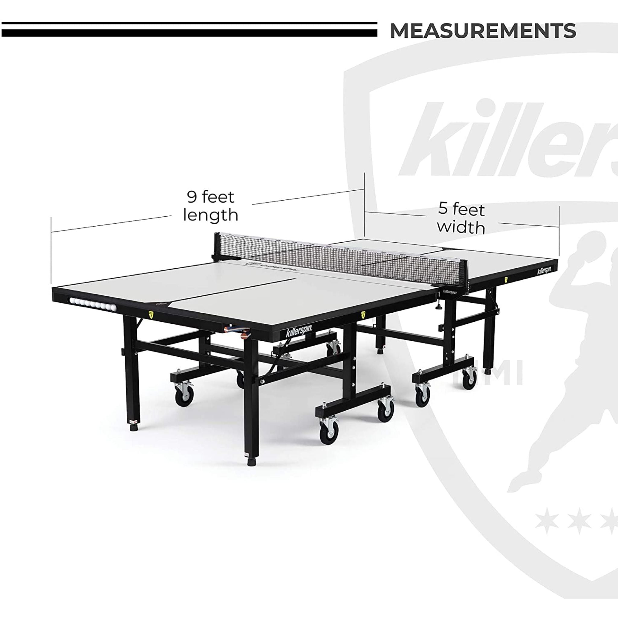Killerspin MyT 415X Max vanilla indoor ping pong table set up with net and paddles on a playing surface.