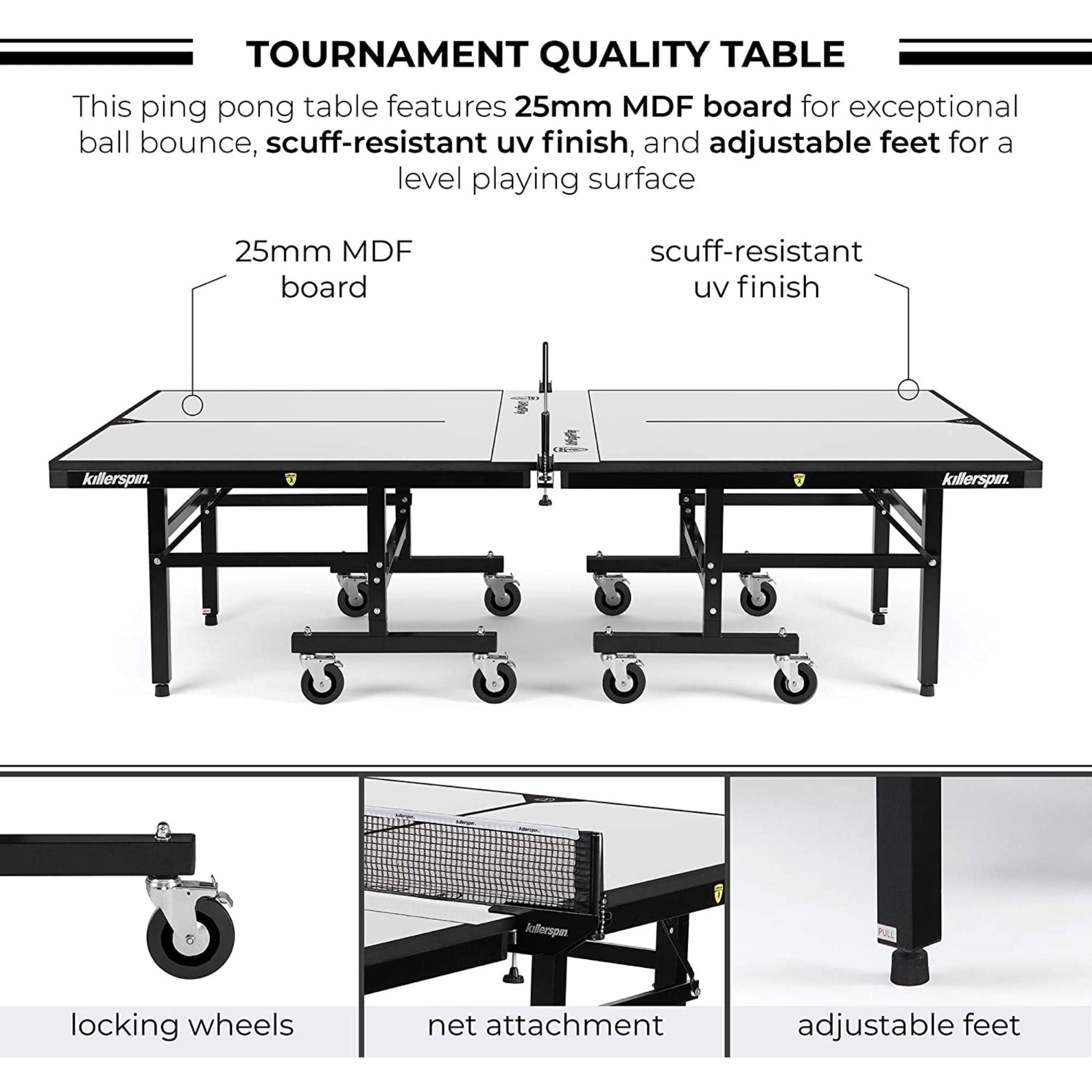 Killerspin MyT 415X Max vanilla indoor ping pong table with white net and paddles on a playing surface, ready for competitive play.