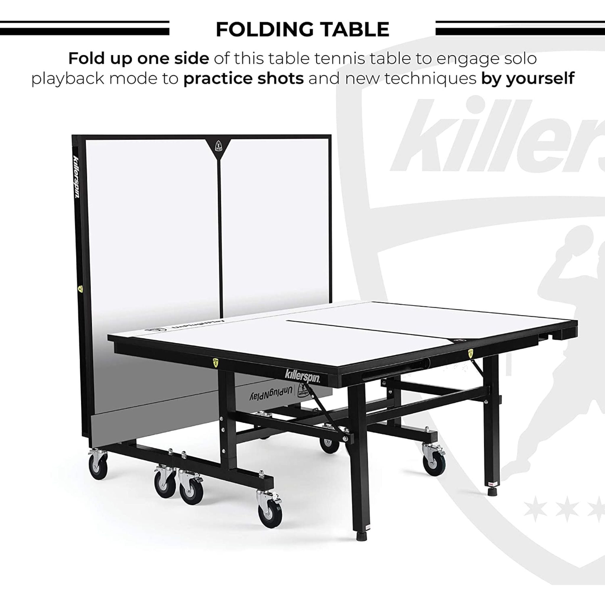 Killerspin MyT 415X Max vanilla indoor ping pong table with blue playing surface and sturdy metal frame for table tennis games.