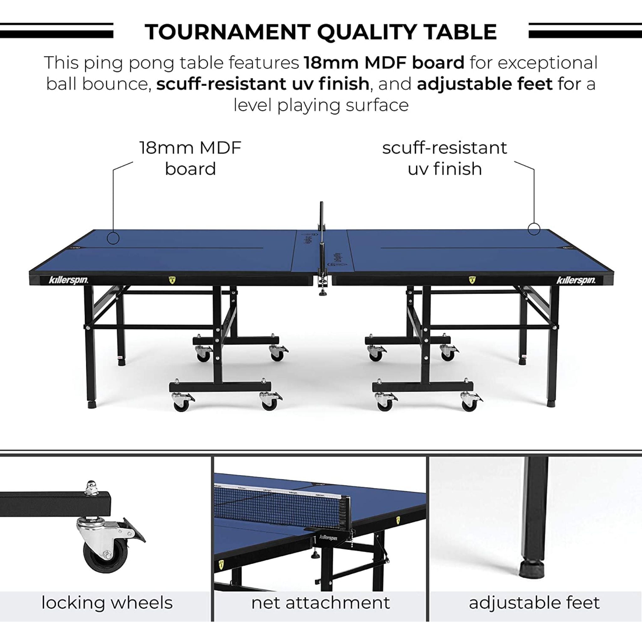 Killerspin MyT 415X Mega DeepBlu indoor ping pong table with blue playing surface, sturdy legs, and net setup for table tennis.