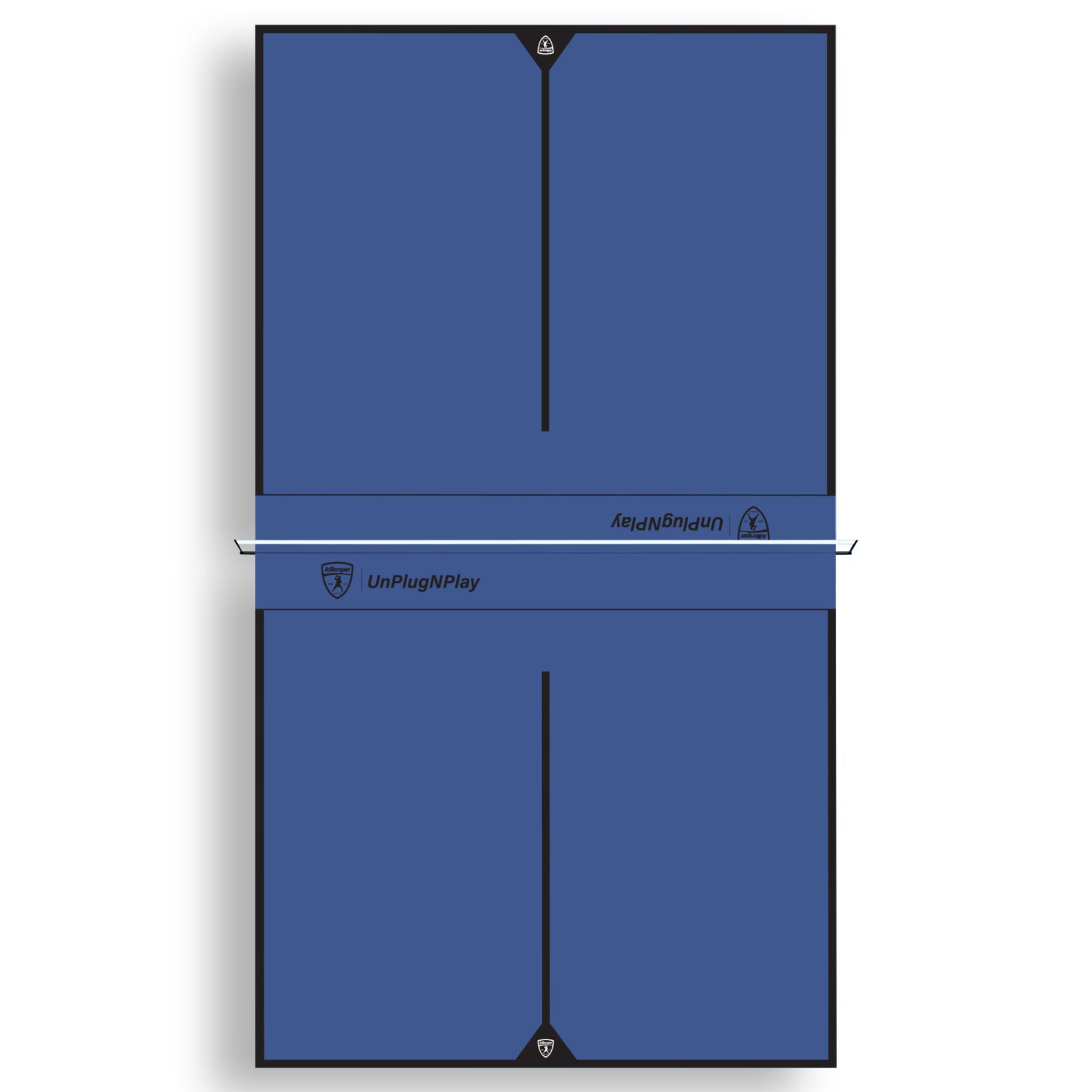 Killerspin MyT 415X Mega DeepBlu indoor ping pong table with a blue playing surface and sturdy metal frame for competitive play.