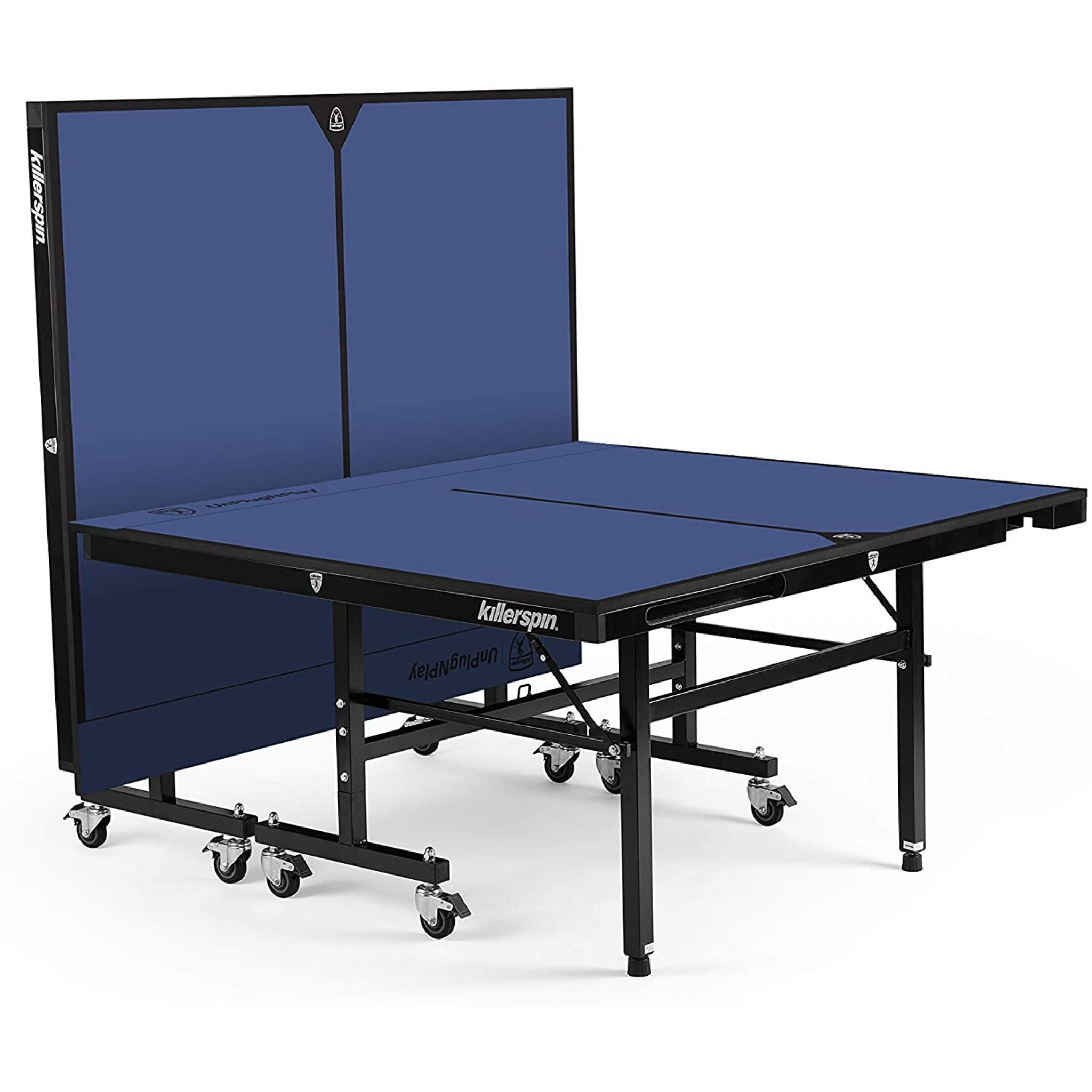 Killerspin MyT 415X Mega DeepBlu indoor ping pong table with blue playing surface and sturdy metal legs for table tennis.