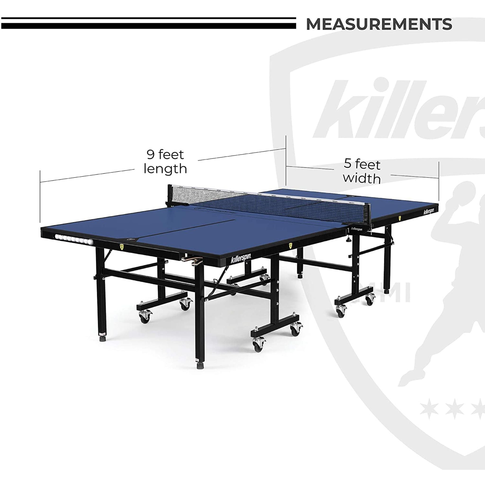 Killerspin MyT 415X Mega DeepBlu indoor ping pong table with blue surface, sturdy frame, and net setup for competitive table tennis.