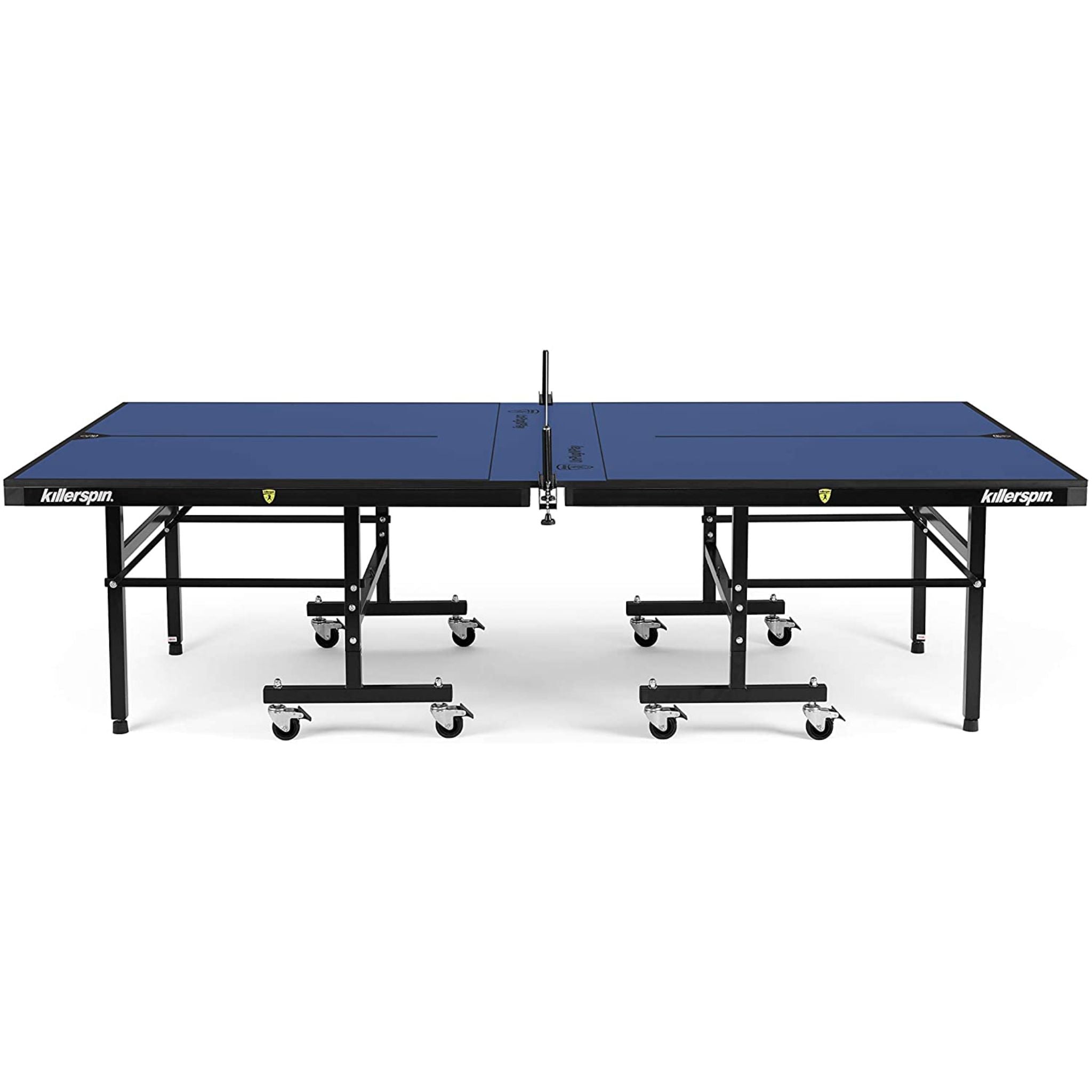 Killerspin MyT 415X Mega DeepBlu indoor ping pong table with blue playing surface and sturdy legs for competitive table tennis play.