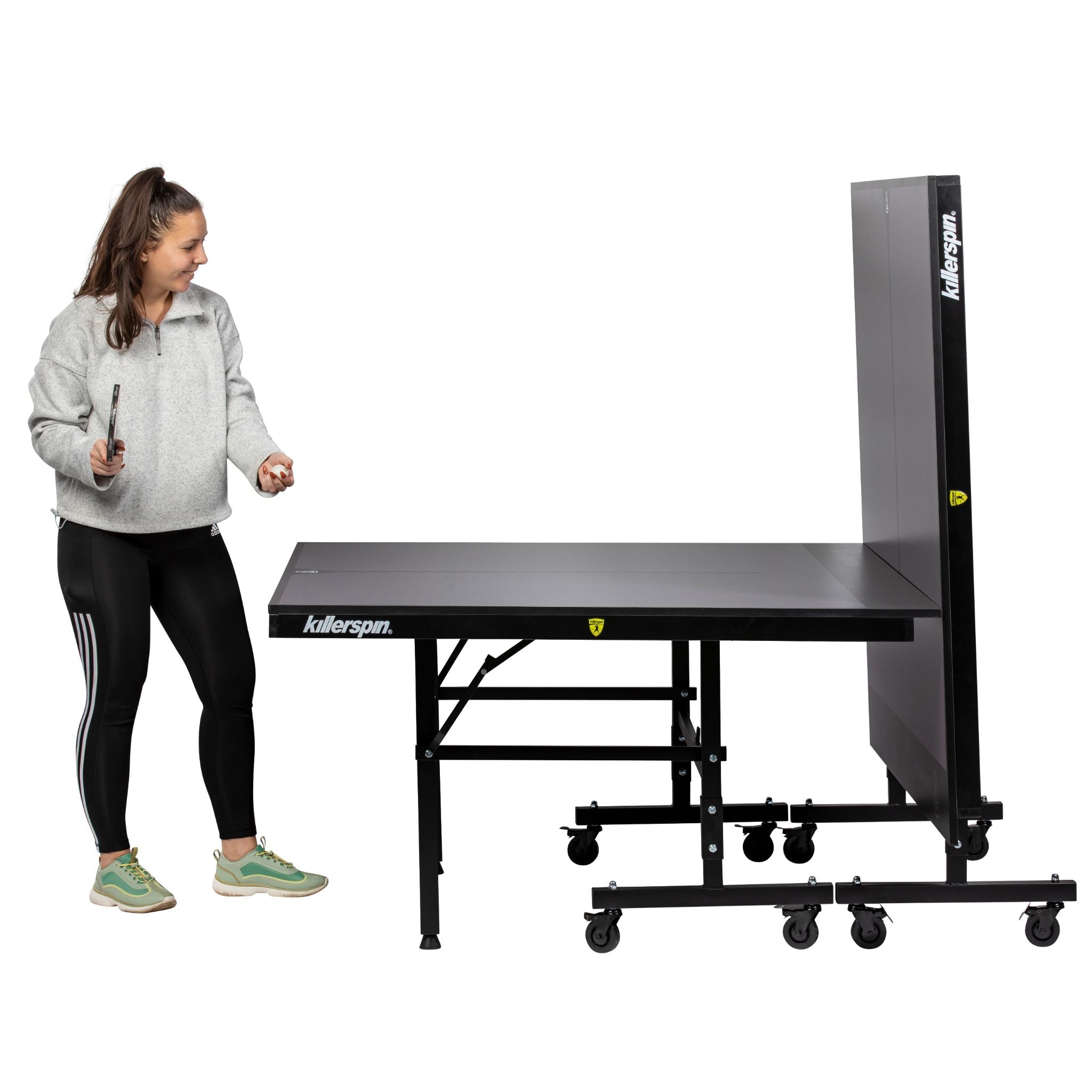 Killerspin MyT 415X Mega Graphite indoor ping pong table with a sleek surface and sturdy legs, ideal for competitive table tennis.