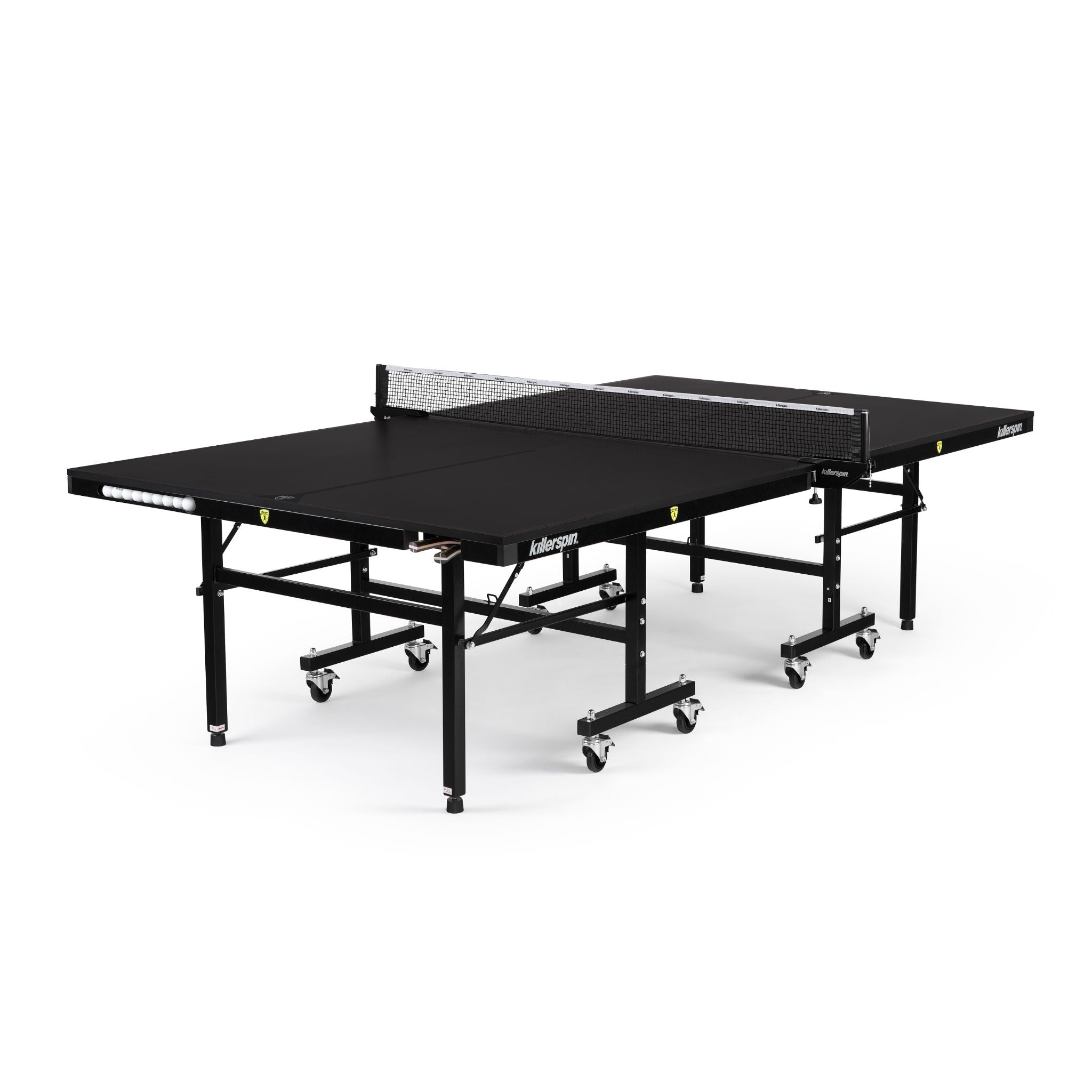 Killerspin MyT 415X Mega Jet Black indoor ping pong table with sleek black surface and sturdy legs for competitive table tennis play.
