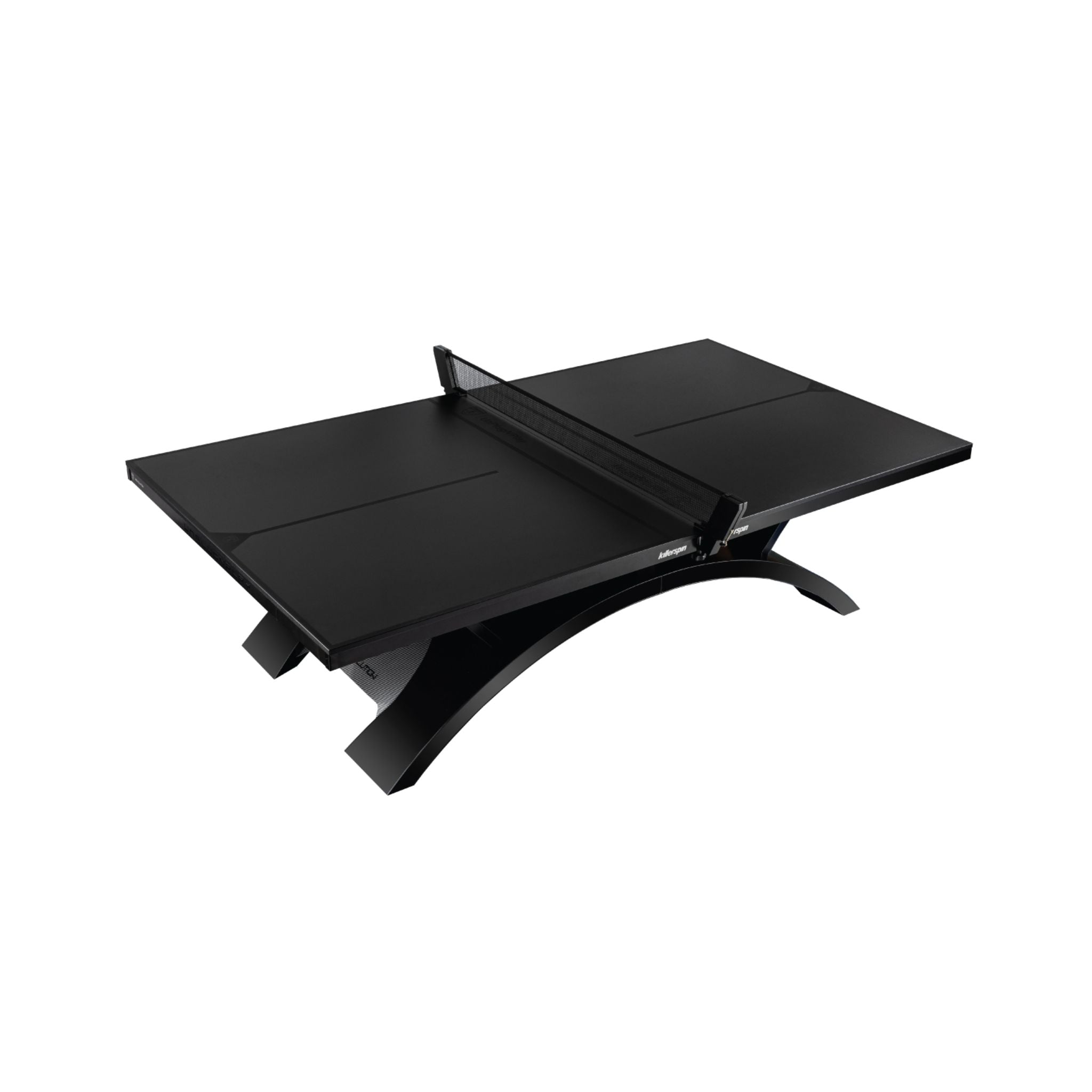 Killerspin Revolution SVR BlackSteel 2025 Edition ping pong table with black surface and sturdy legs for competitive table tennis play.