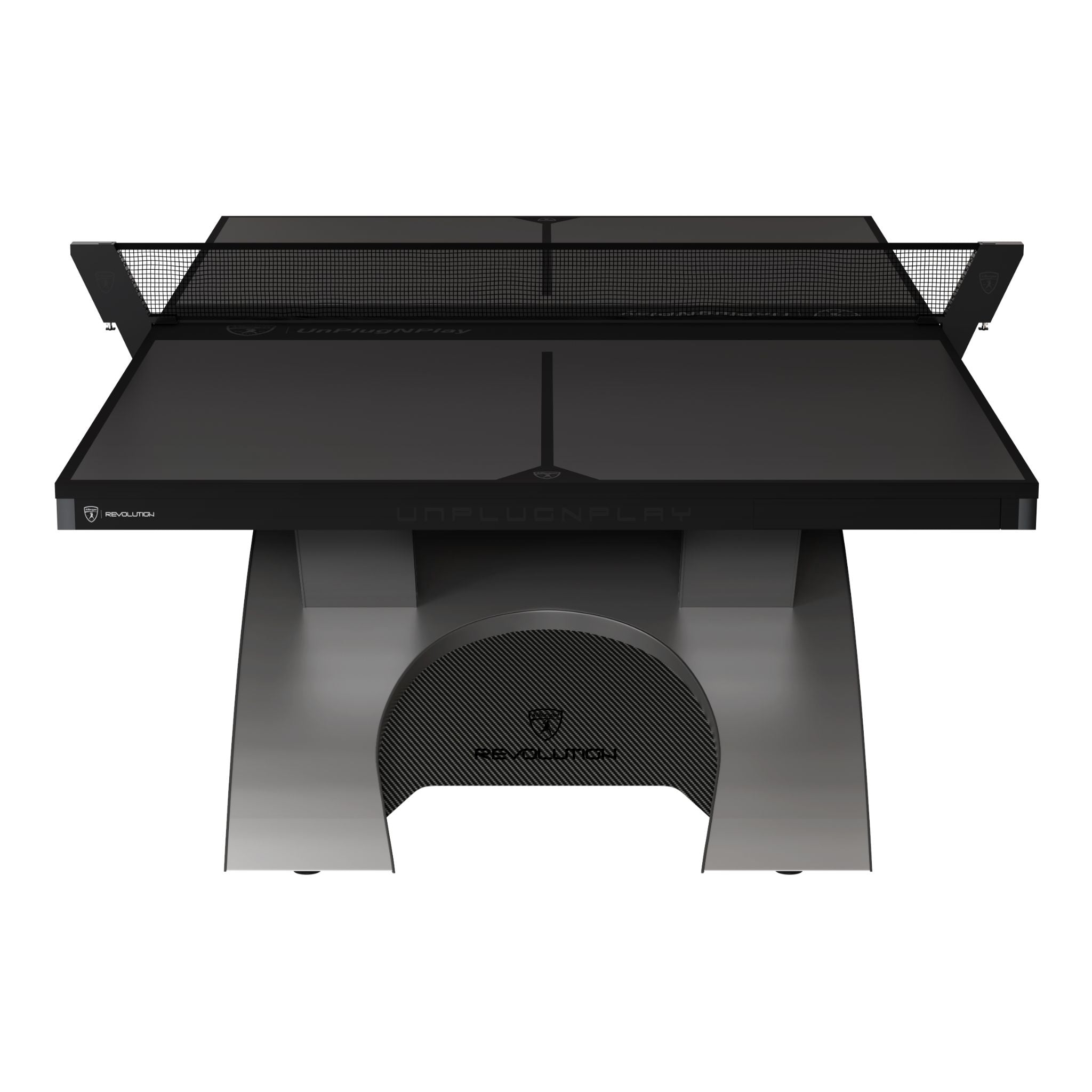 Killerspin Revolution SVR Platinum Black 2025 Edition ping pong table with sleek black surface and sturdy legs for competitive table tennis.
