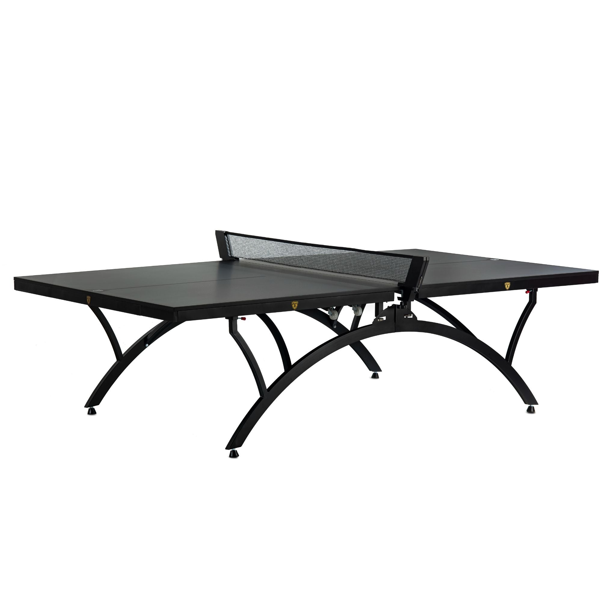 Killerspin SVR BlackWing-O indoor/outdoor ping pong table with black surface, sturdy legs, and mesh net for competitive table tennis play.