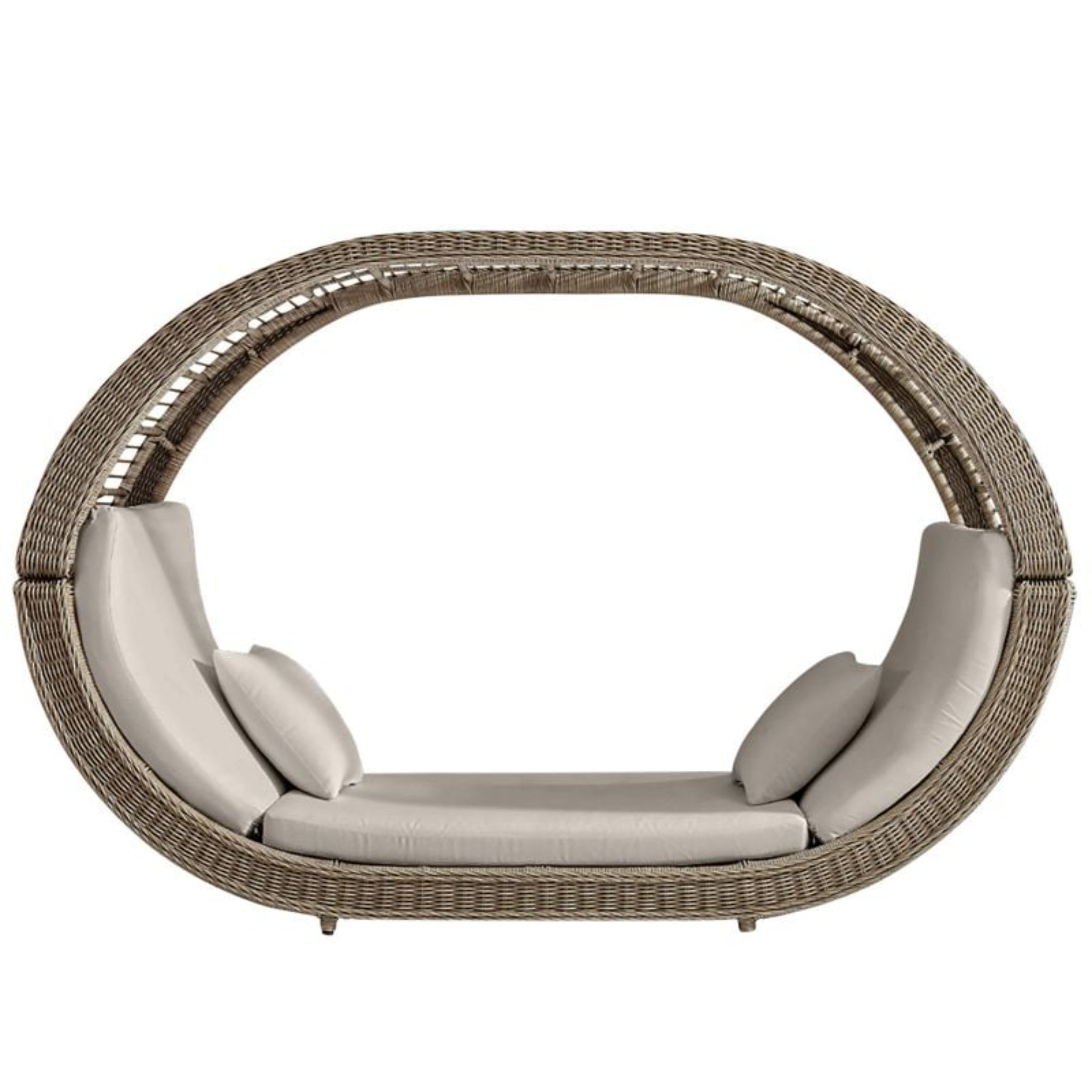 Panama Jack Outdoor Haven outdoor daybed with luxury wicker frame, featuring plush cushions for comfortable patio lounging.