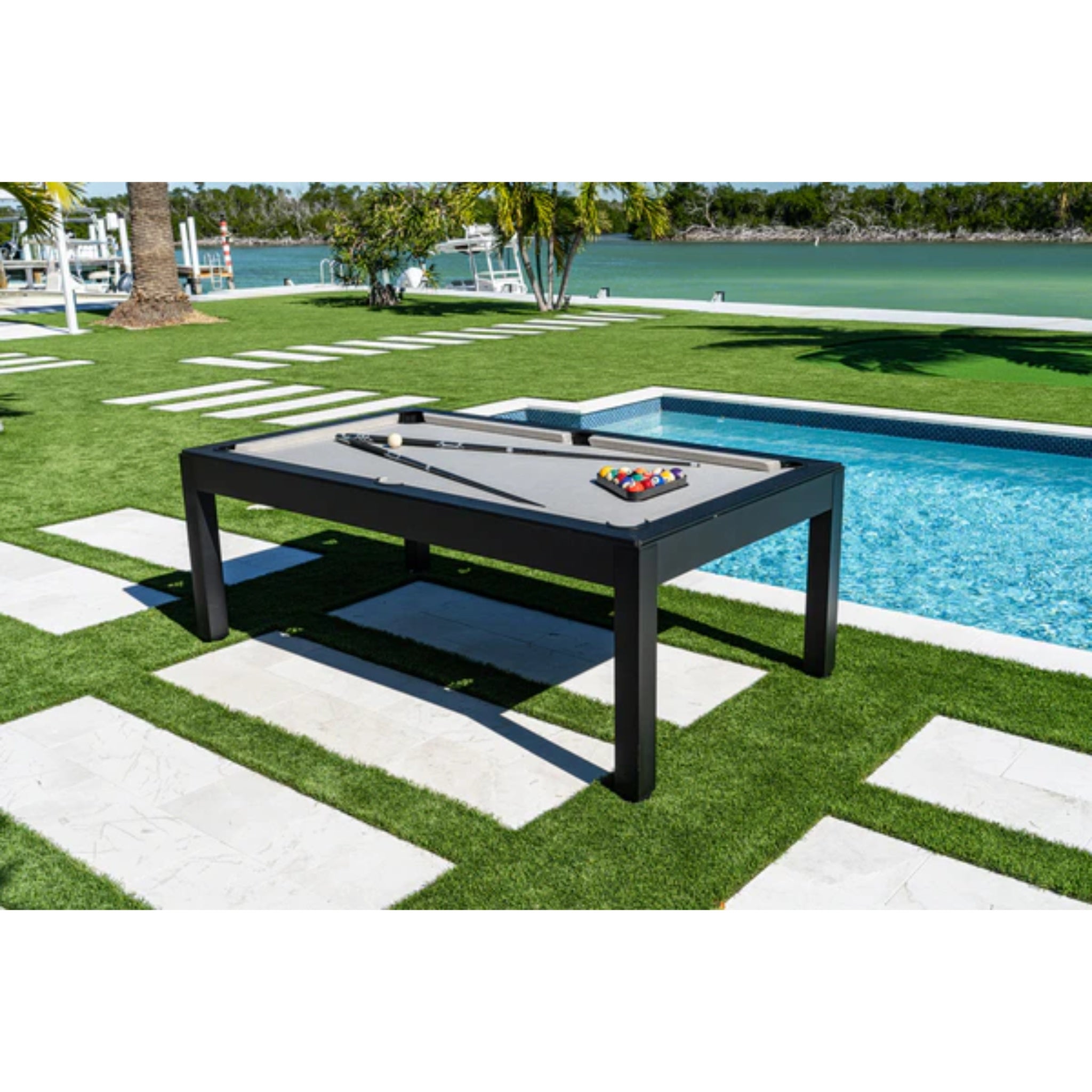 Panama Jack Outdoor weather-resistant pool table with Sunbrella cloth, outdoor billiards table for backyard entertainment.