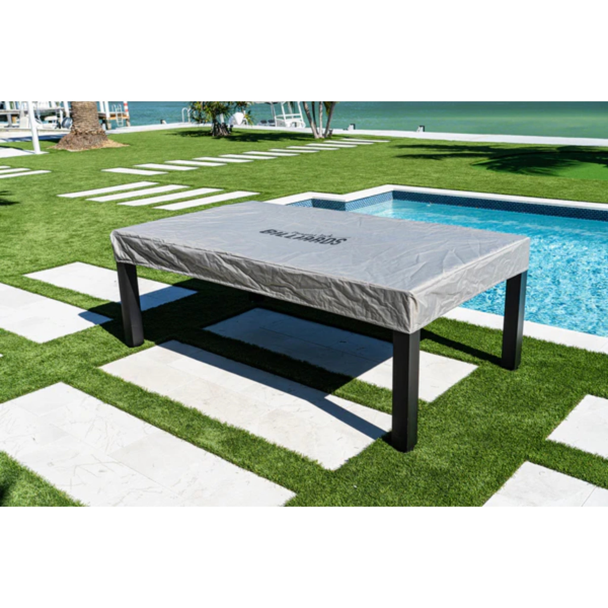 Panama Jack Outdoor weather-resistant pool table with Sunbrella cloth, outdoor billiards table for backyard game fun.
