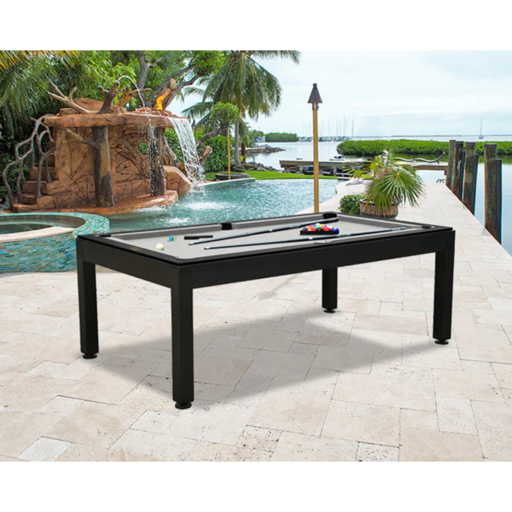 Panama Jack Outdoor weather-resistant pool table with Sunbrella cloth, outdoor billiards table for durable gameplay.