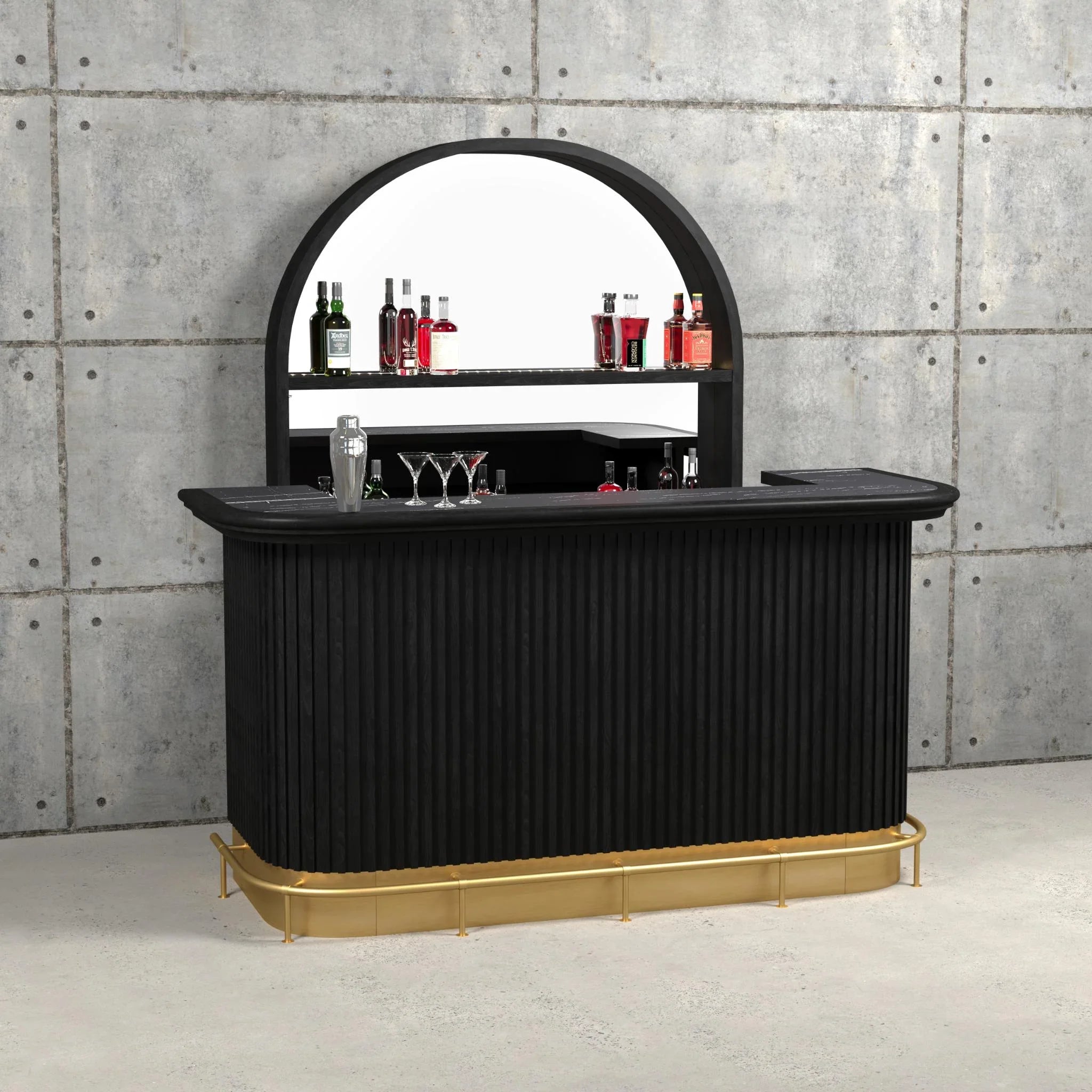 Ram Game Room Prohibition Series back bar cabinet in walnut, liquor display cabinet with glass doors and storage space.