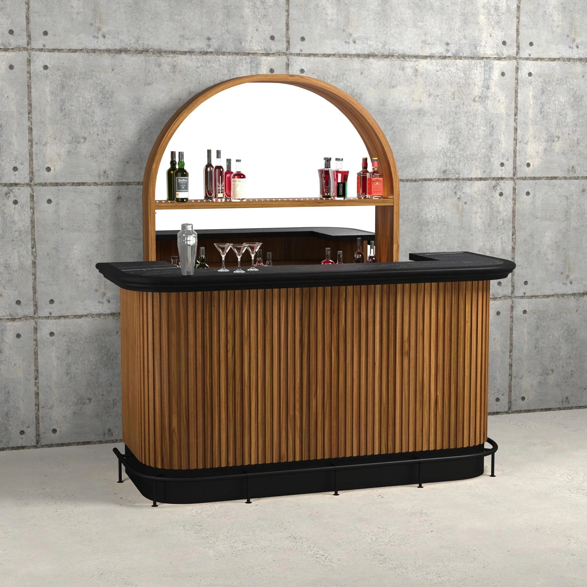 Ram Game Room Prohibition Series back bar cabinet in walnut, liquor display cabinet with glass doors and storage shelves.