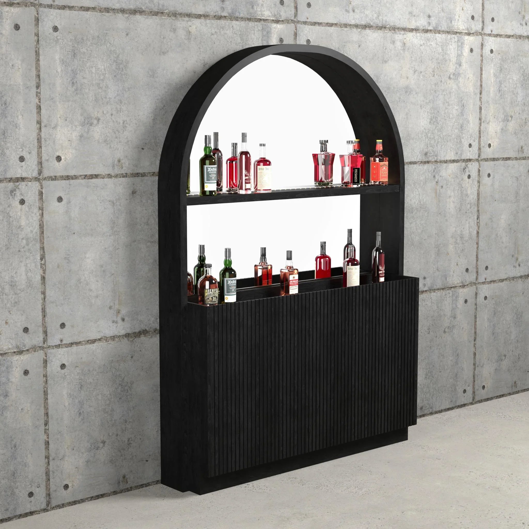 Ram Game Room Prohibition Series back bar cabinet in walnut, liquor display cabinet with glass doors and storage space