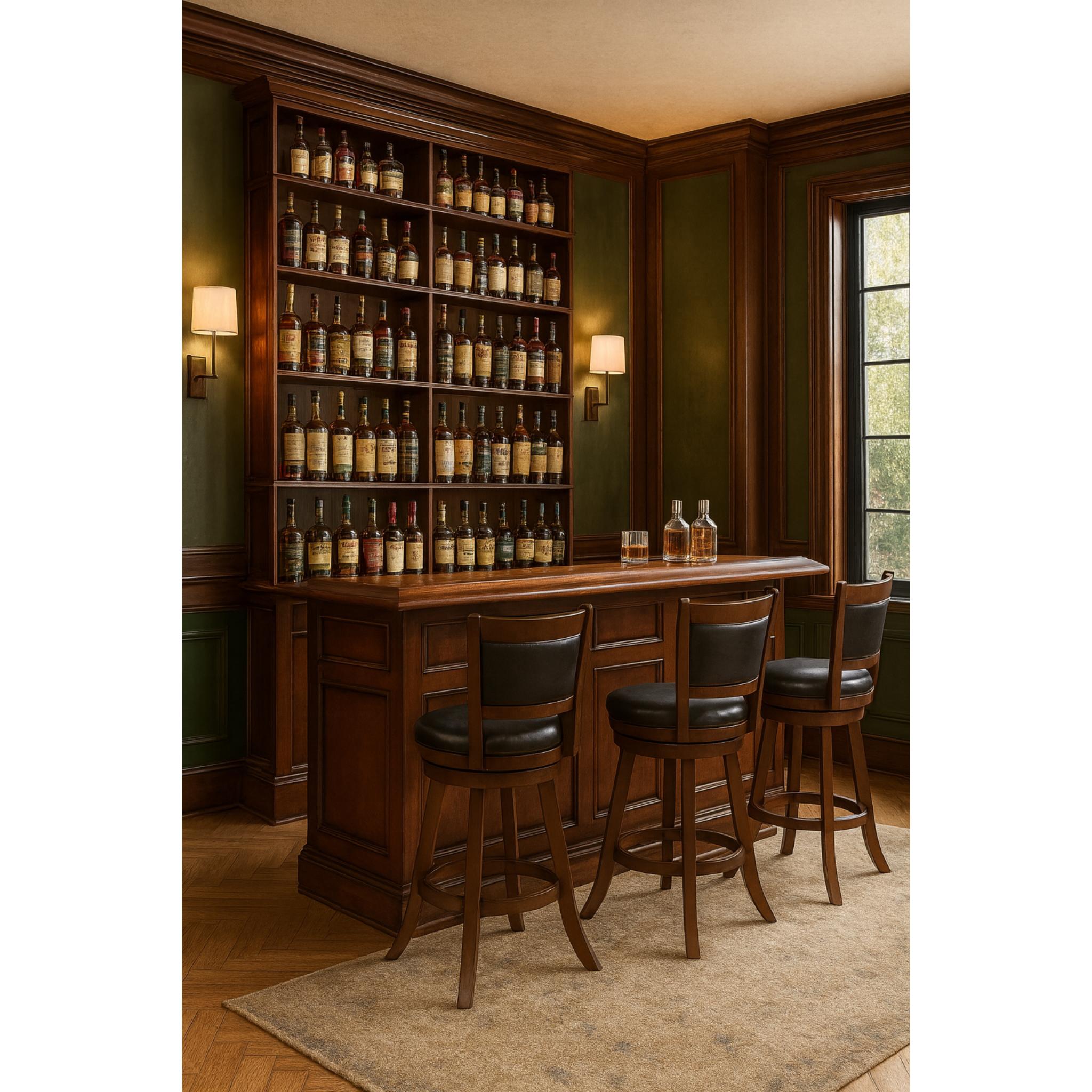 Ram Game Room English pub style bar cabinet in solid wood with antique white finish, designed as a classic home bar.