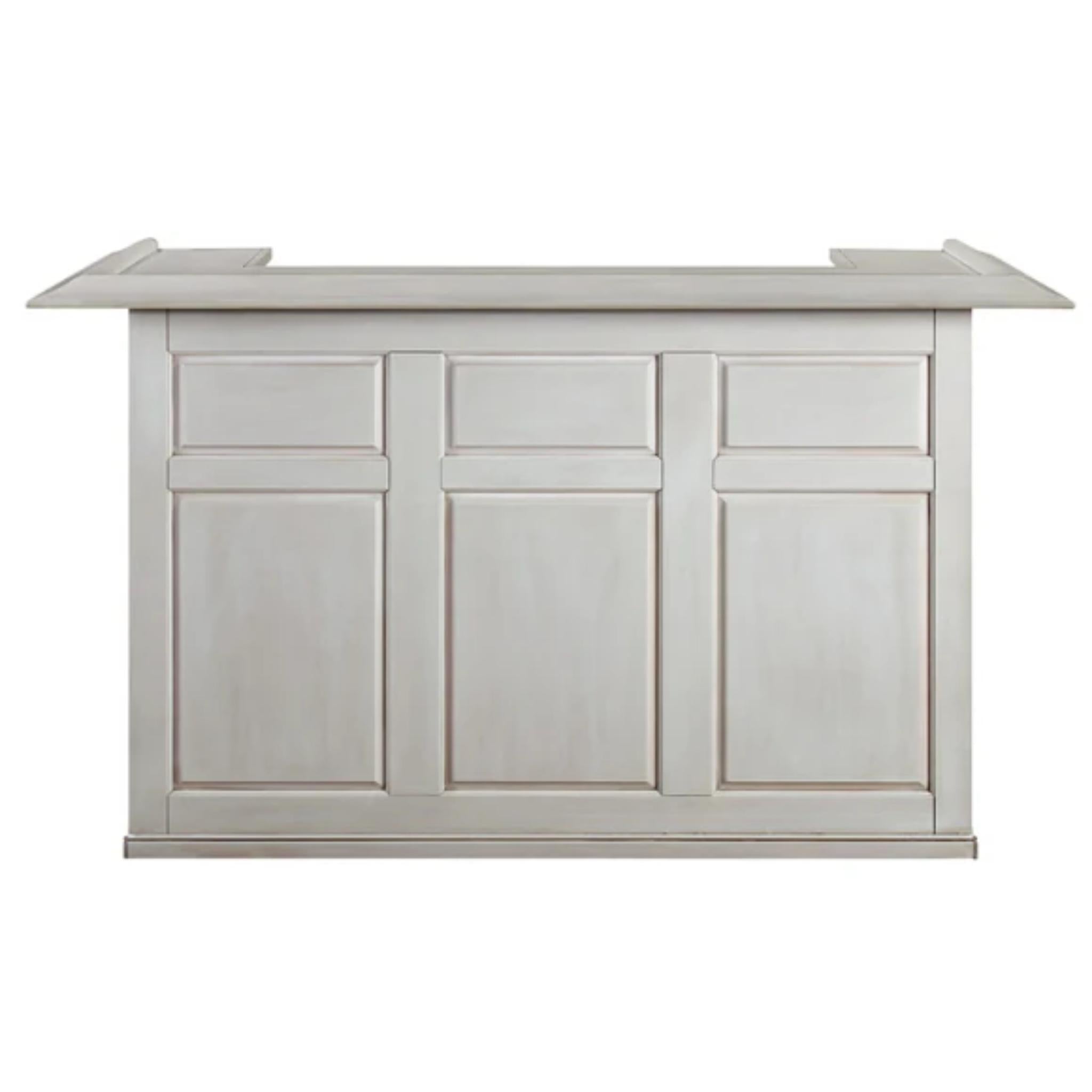 Solid wood Ram Game Room English pub-style bar cabinet with antique white finish, featuring shelves and storage for home bar setup.