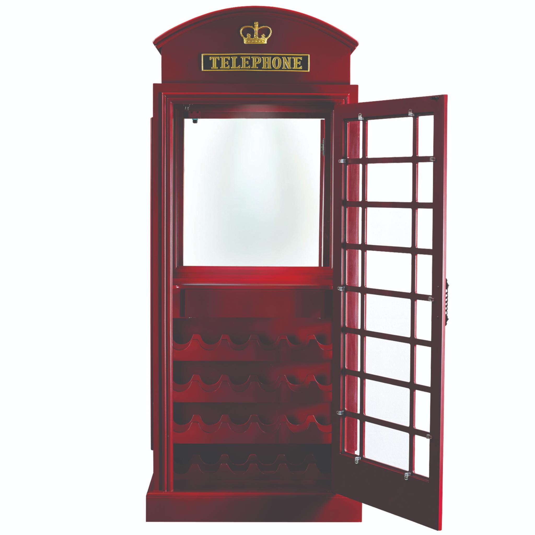 Black Ram Game Room English Phone Booth Bar Cabinet, vintage pub style liquor cabinet with classic pub design and storage space.
