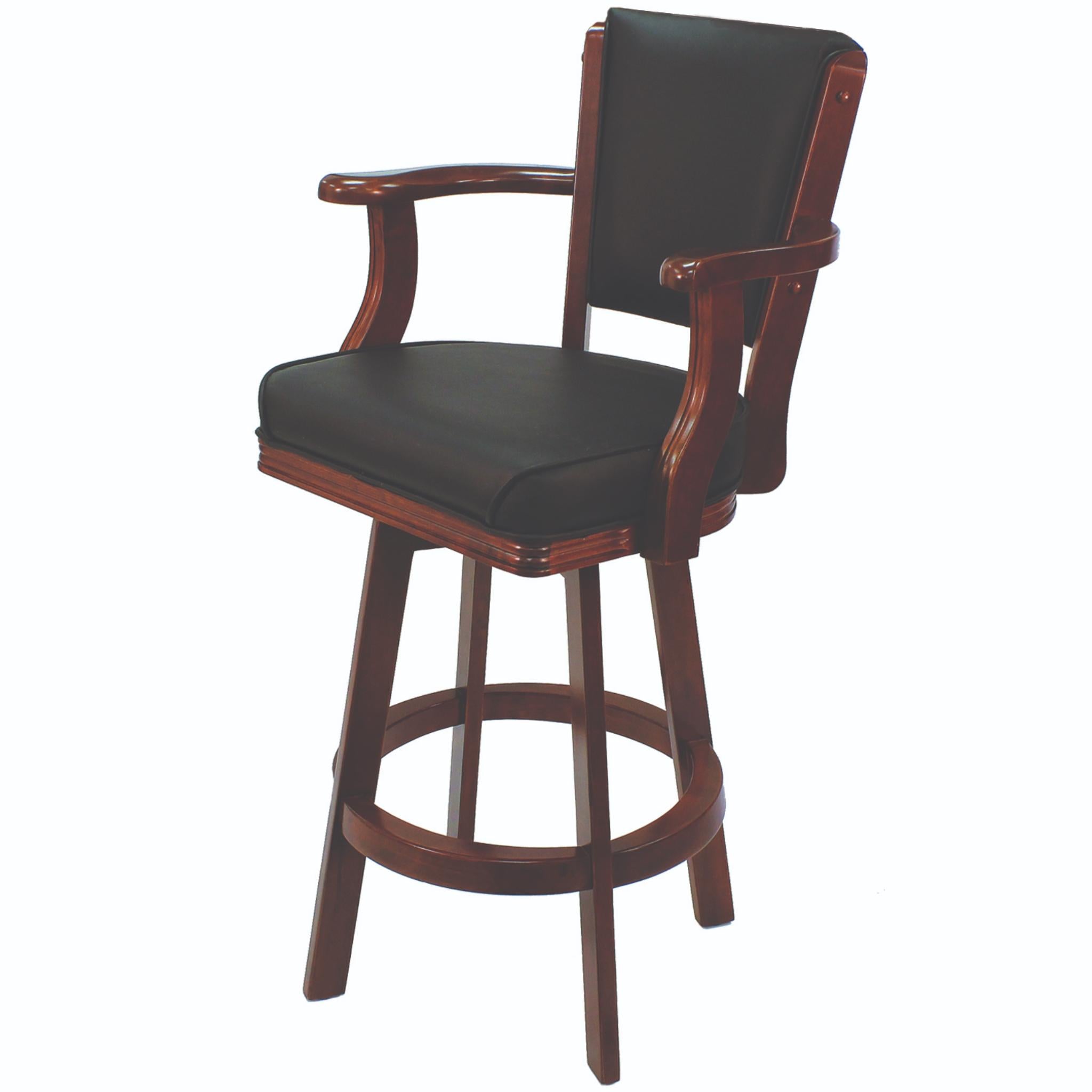 Ram Game Room swivel bar stool with arms in cappuccino finish, featuring a comfortable padded seat and sturdy metal base.