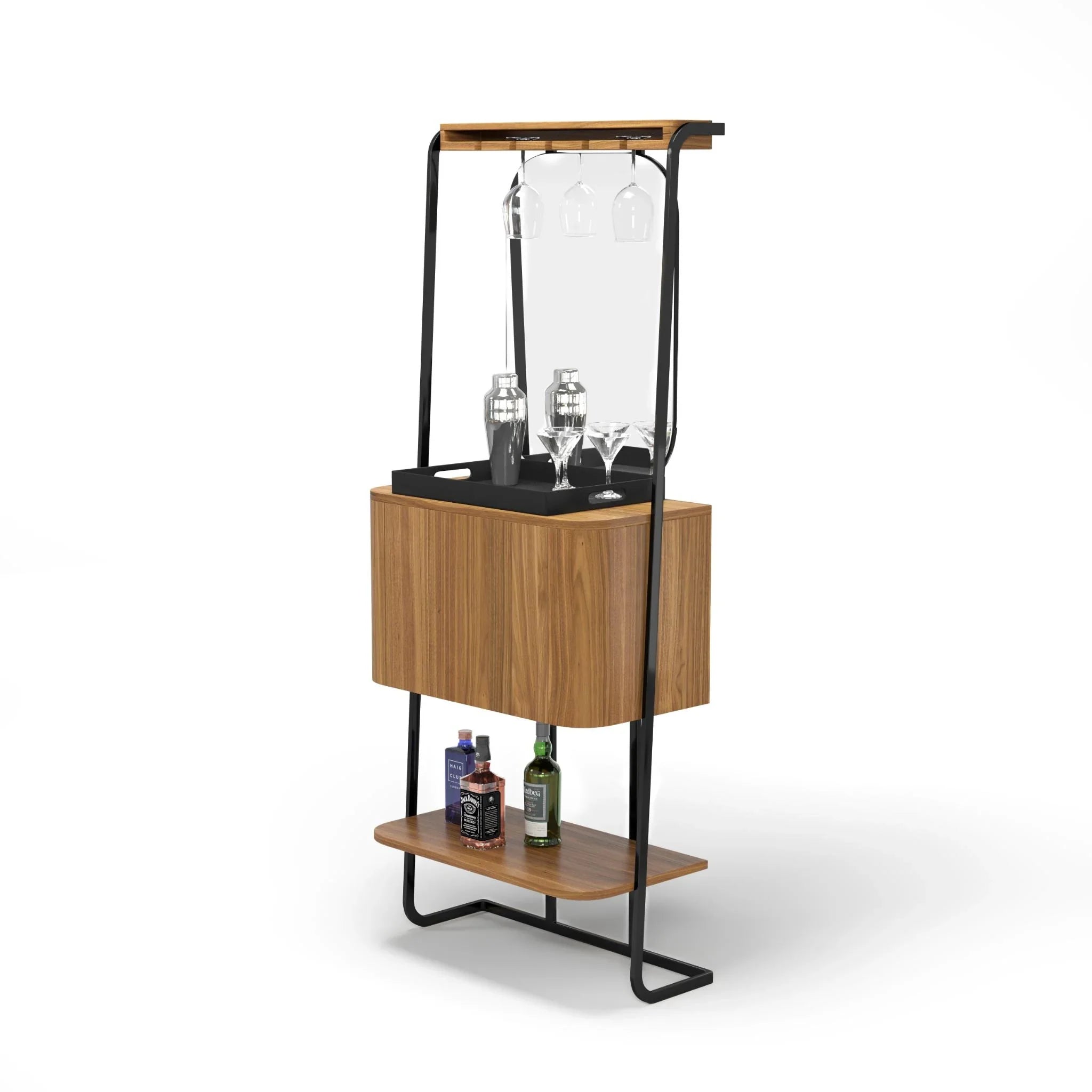 Ram Game Room Prohibition Series mini cocktail bar in walnut, a stylish home bar cabinet with a compact design and storage space.