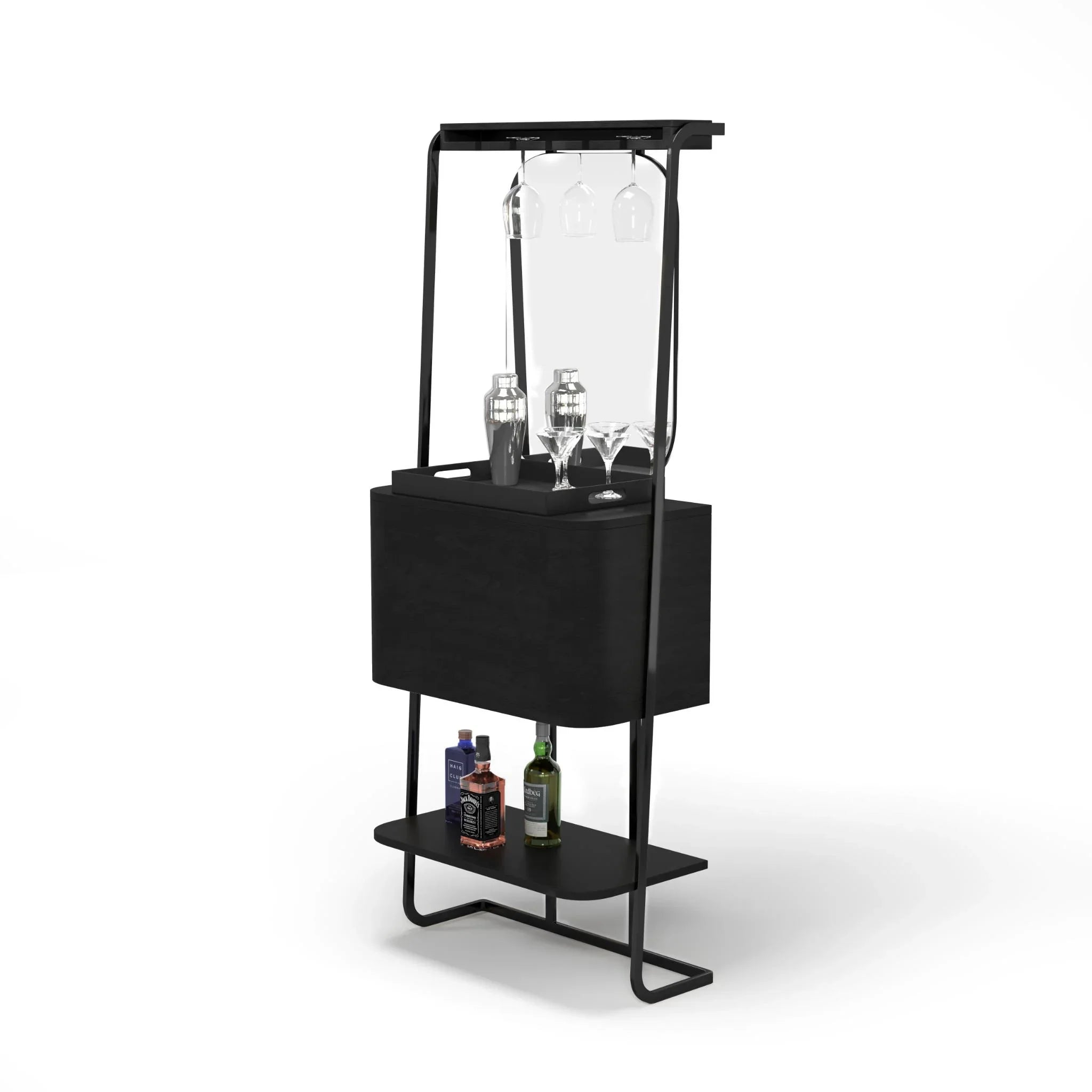 Ram Game Room Prohibition Series mini cocktail bar cabinet in walnut finish, stylish home bar with storage and drink accessories.