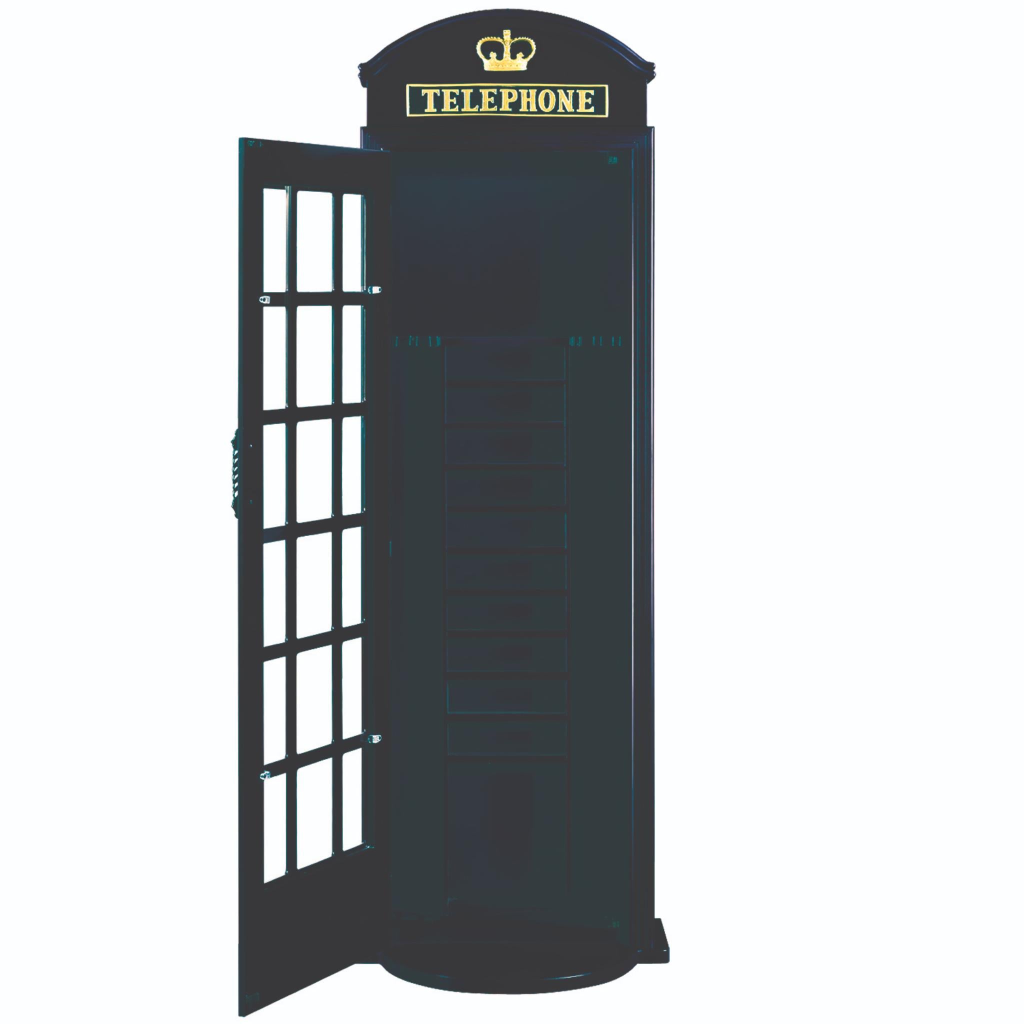 Black Ram Game Room English Phone Booth Cue Rack for pool cues, with detailed design and sturdy construction.