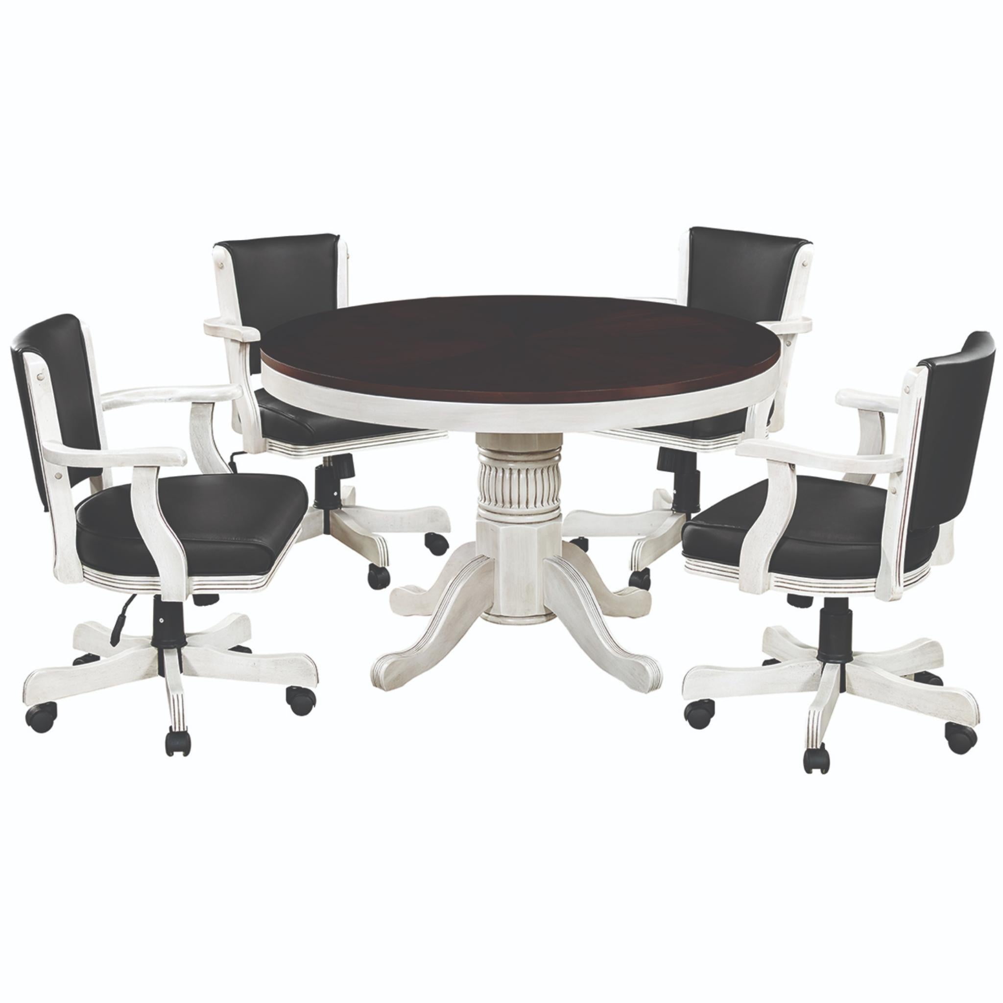 Ram Game Room 48-inch round 3-in-1 game table set with poker table and four swivel chairs, antique white finish.