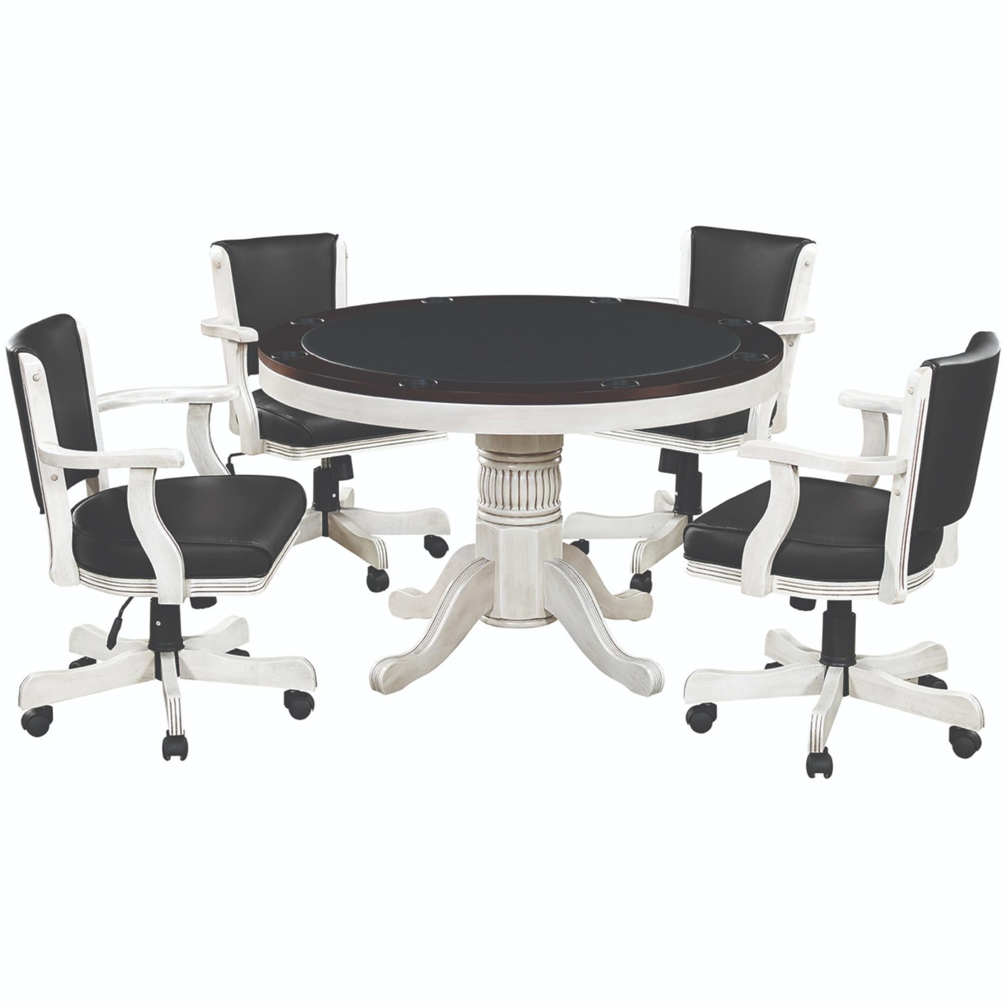Ram Game Room 48-inch round 3-in-1 game table set with poker surface and four swivel chairs in antique white finish.