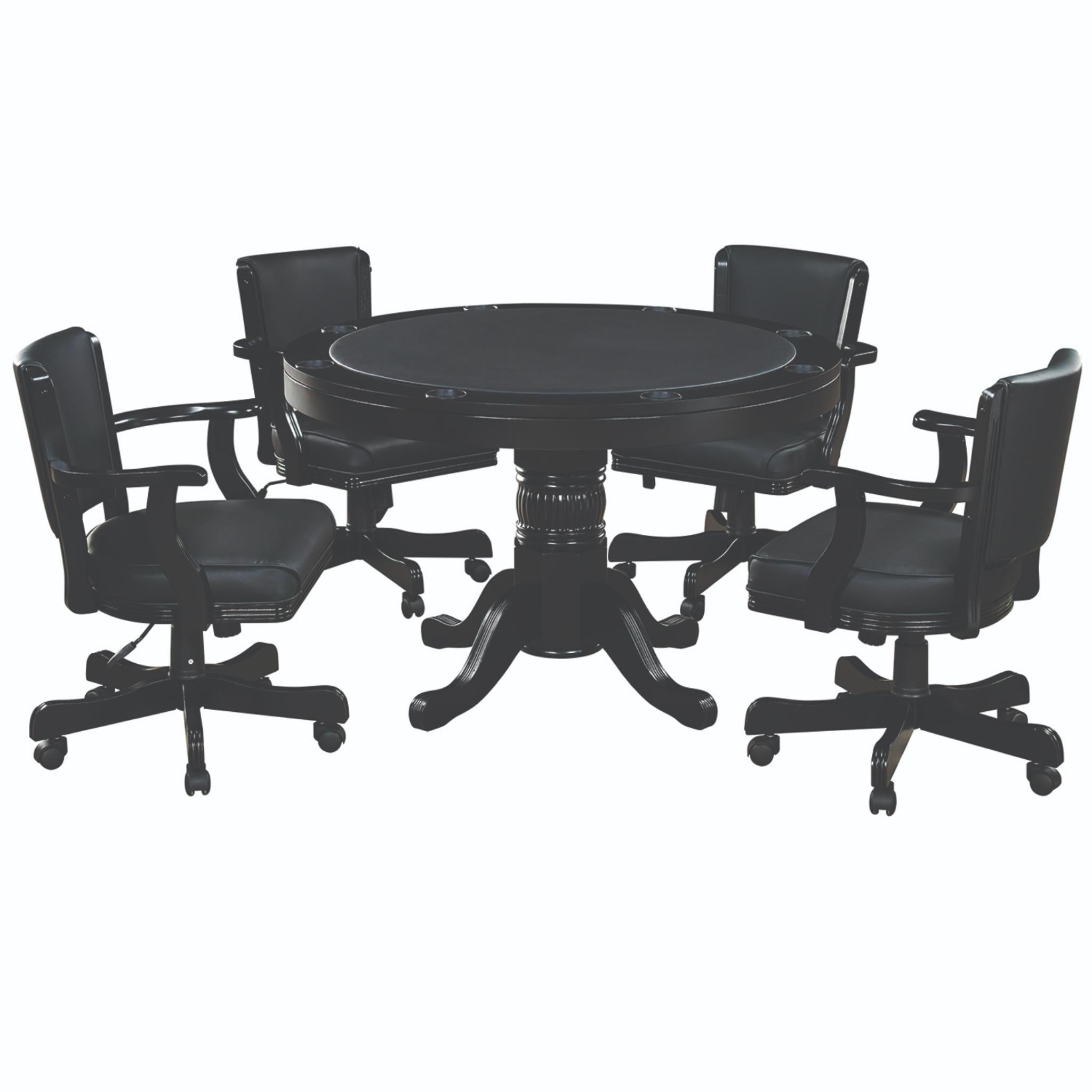 Ram Game Room 48-inch round 3-in-1 game table set with poker surface and four swivel chairs, in antique white finish.