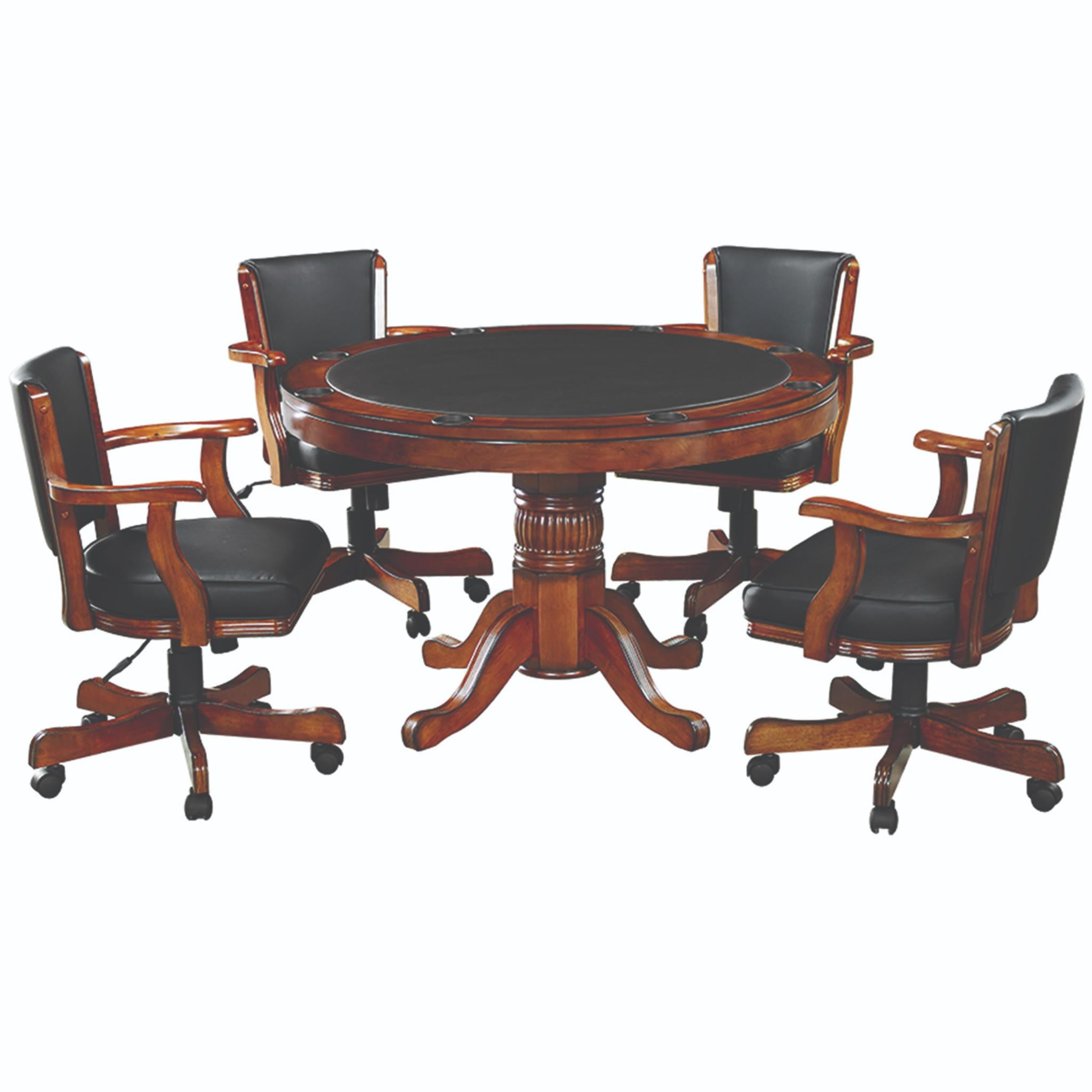 Ram Game Room 48-inch round 3-in-1 game table set with poker surface and four swivel chairs in antique white.