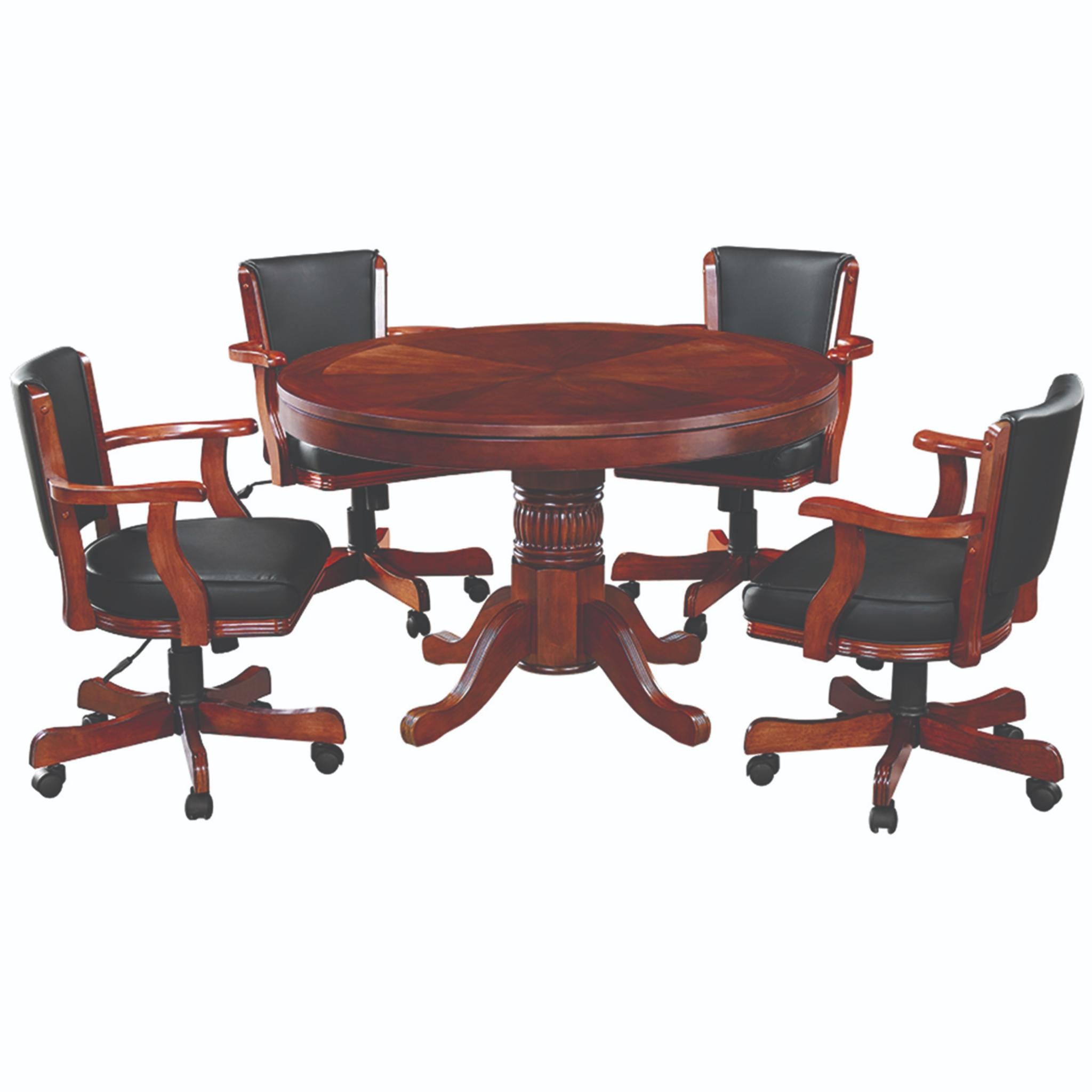 Ram Game Room 48-inch round 3-in-1 game table set with poker surface and four swivel chairs, perfect for game rooms and entertaining.