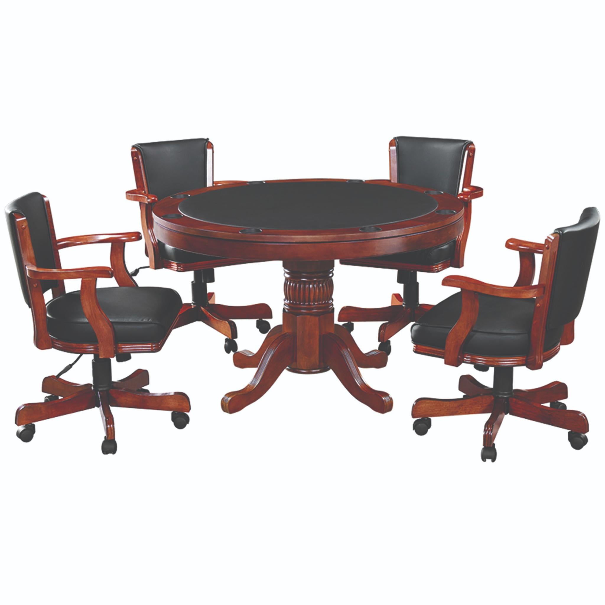 Ram Game Room 48-inch round 3-in-1 game table set with poker table surface and four swivel chairs in antique white.