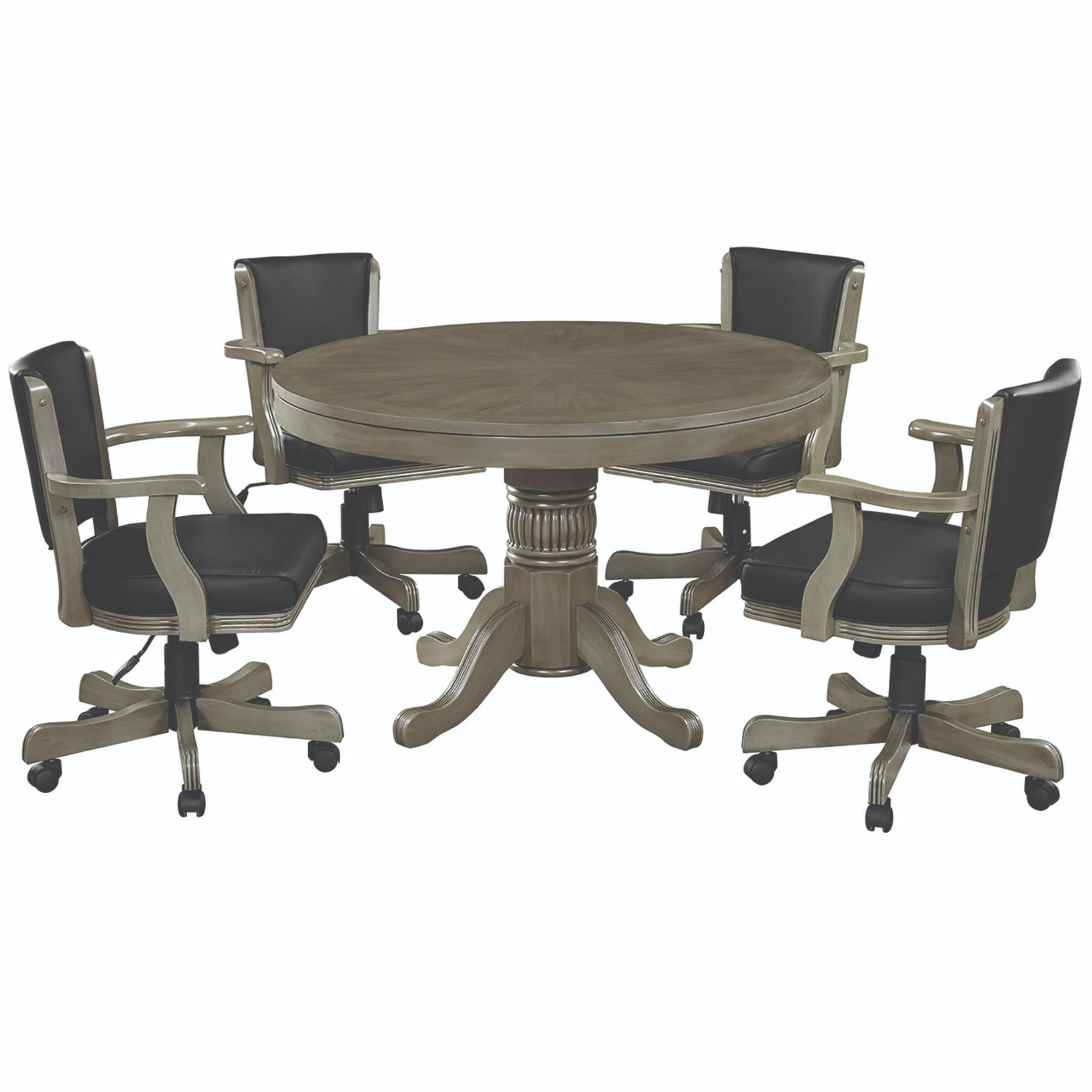 Ram Game Room 48-inch round 3-in-1 game table set with poker surface and four swivel chairs, in antique white finish.