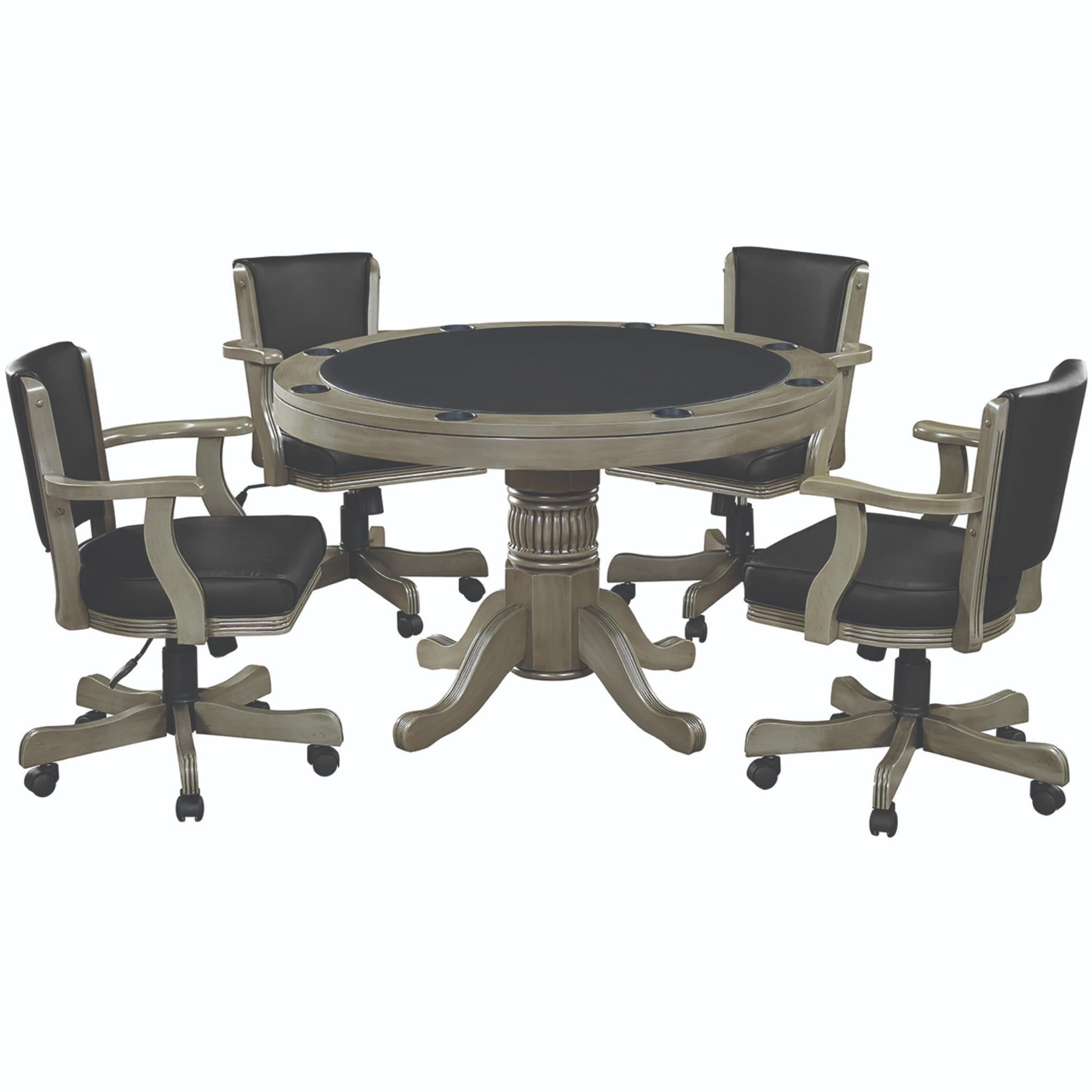 Ram Game Room 48-inch round 3-in-1 game table set with poker surface and four swivel chairs, ideal for game room entertainment.
