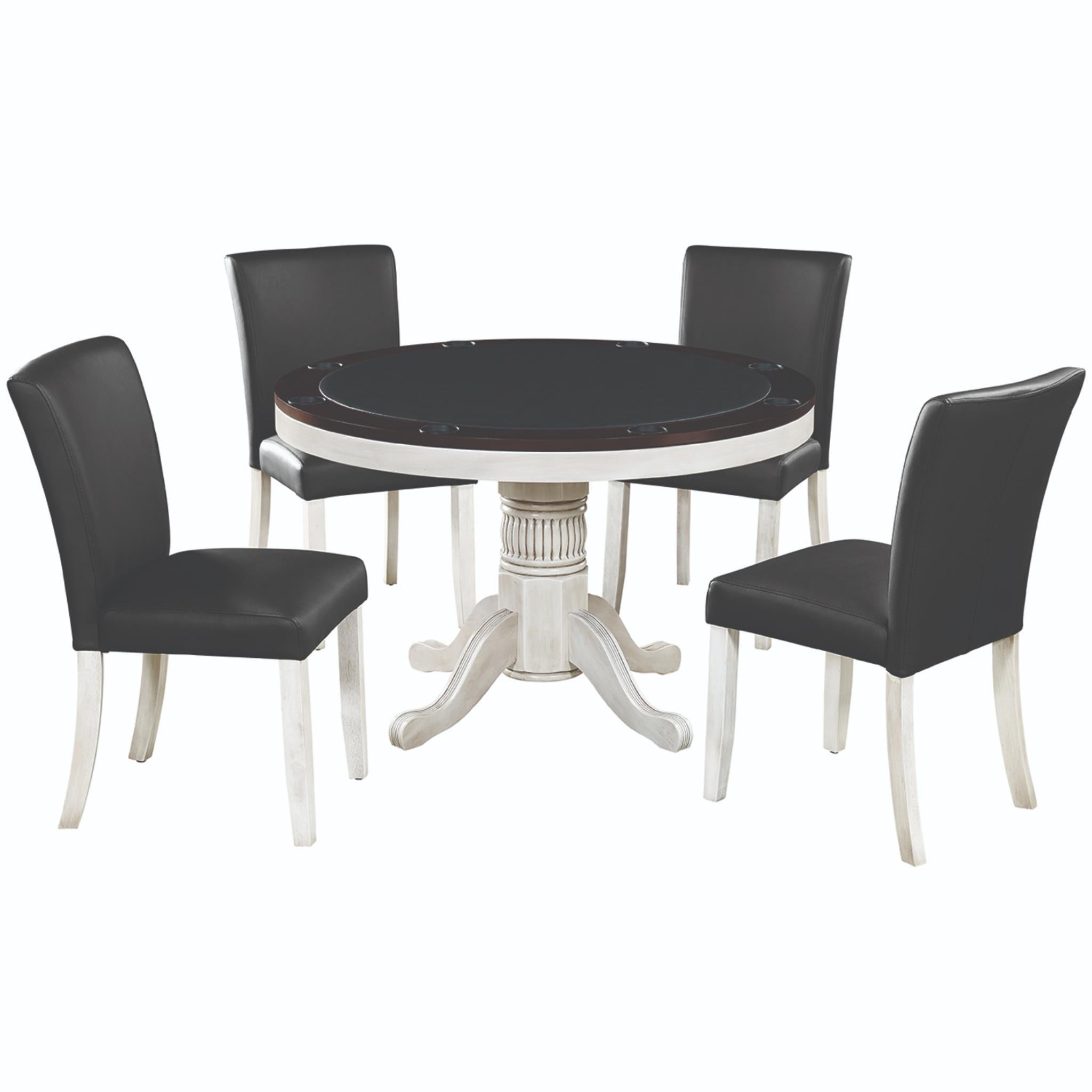Ram Game Room 48-inch round 3-in-1 game table set with poker, dining surface, and four matching dining chairs in cappuccino finish.