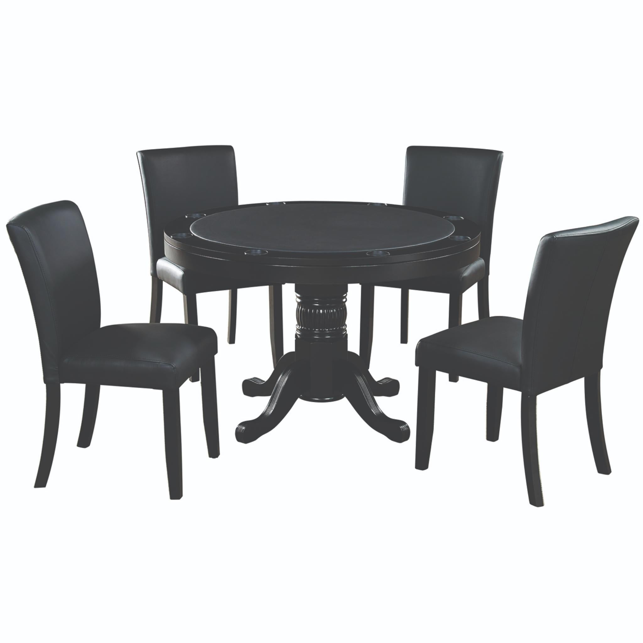 Ram Game Room 48-inch round 3-in-1 game table set with poker, dining surface, and four matching chairs in cappuccino finish.