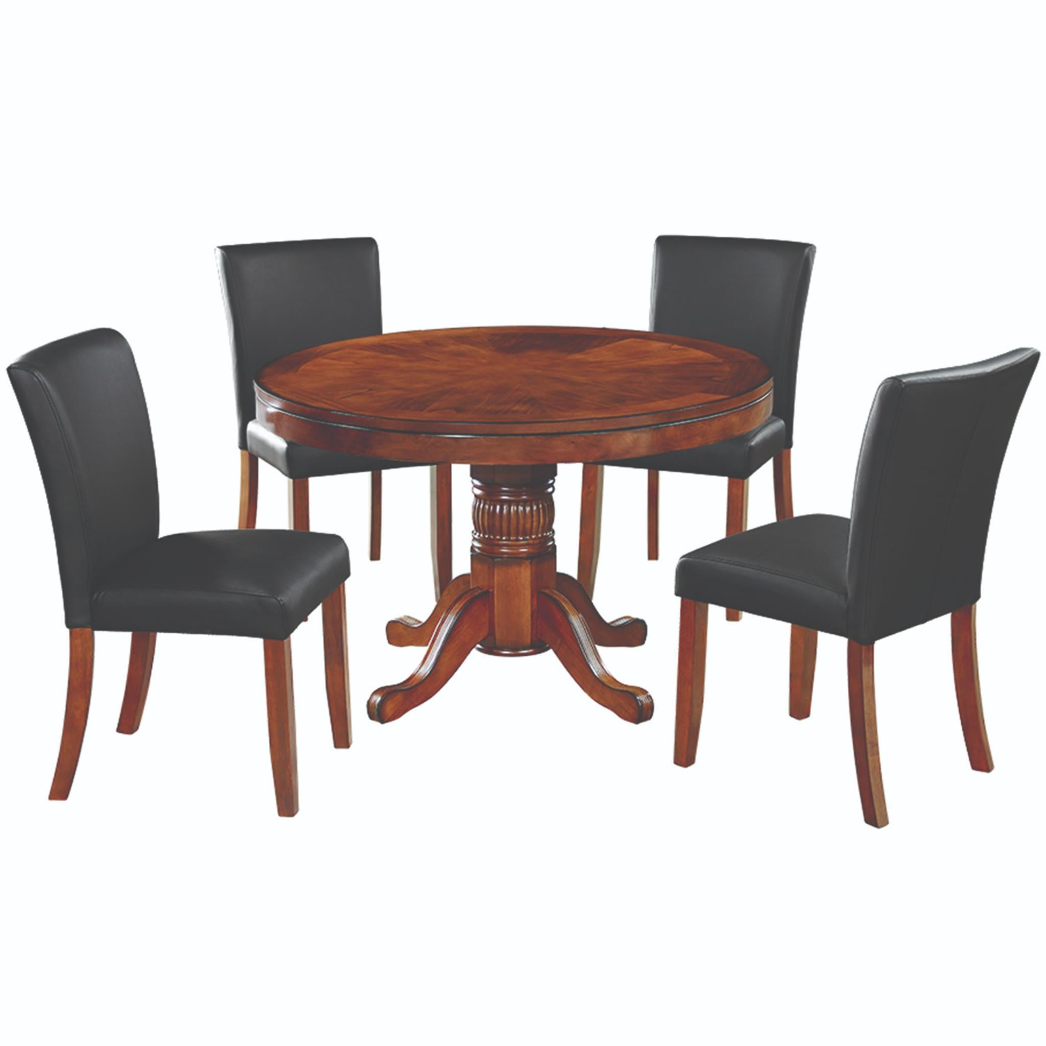 Ram Game Room 48-inch round 3-in-1 game table set with poker, dining surface, and four chairs in cappuccino finish.